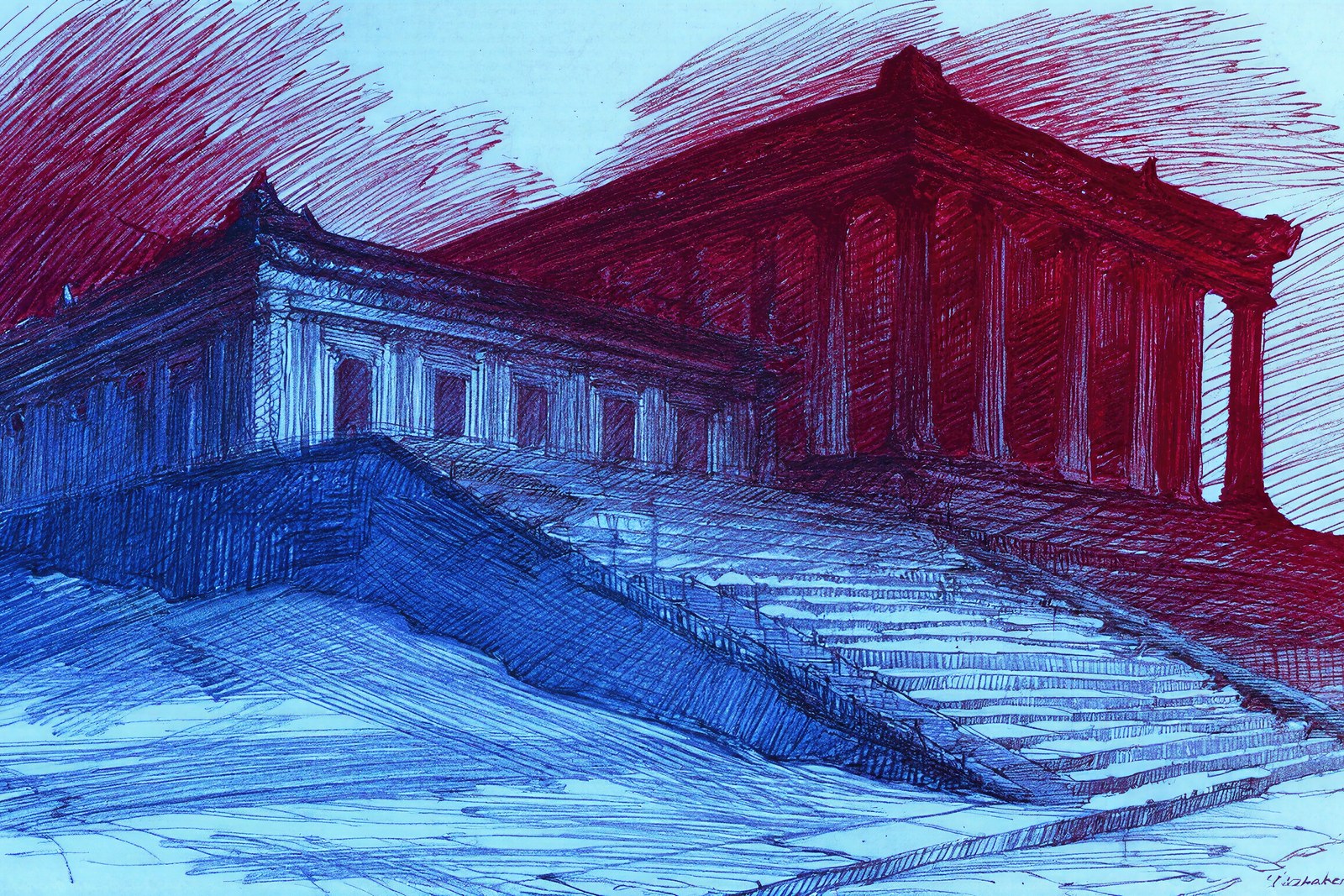 Kizhakemuri | Crimson & Azure Charcoal Wall Art | Expressive Architectural Art Print — grid