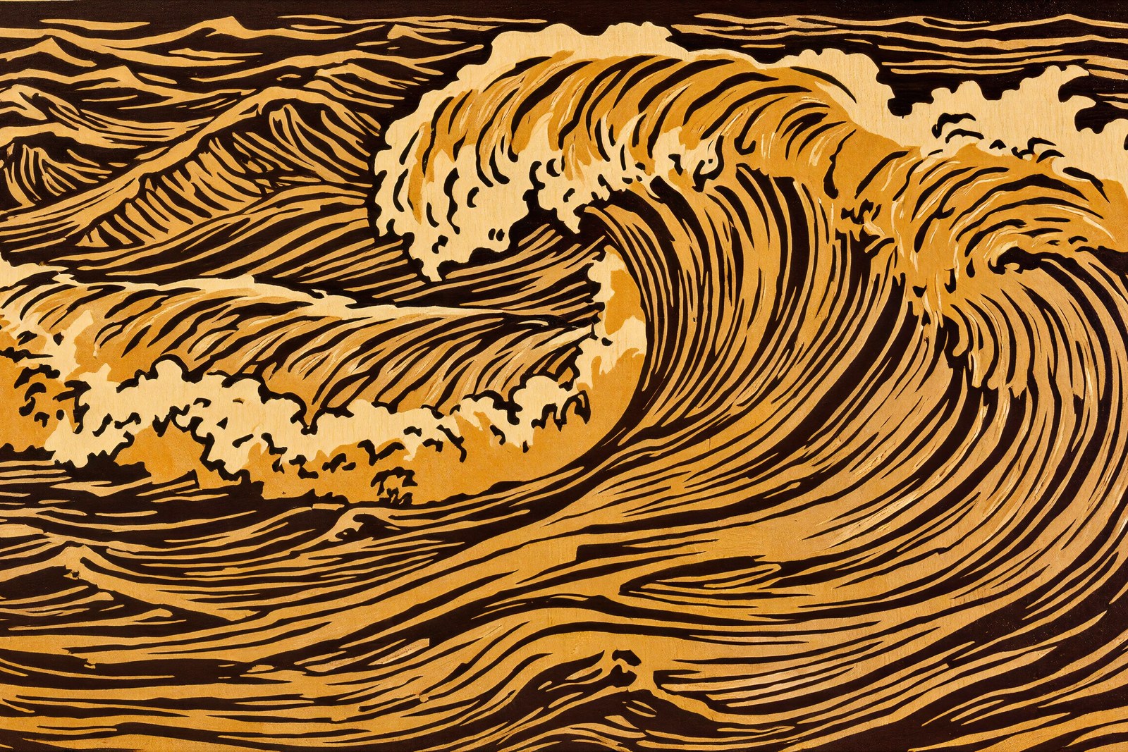 Frozen Amber Wave Wall Art | Woodblock Relief Art Print | Muted Ochre & Umber Landscape — grid