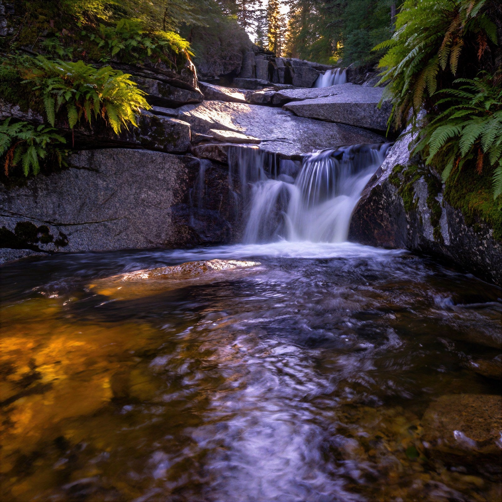 Mountain Stream at Dusk, Waterfall Wall Art Print, Amber & Violet Landscape Photography — grid