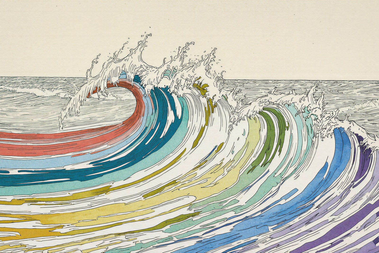 Cresting Wave Art Print, Polychromatic Fine Line Wall Art, Coastal Abstract — grid