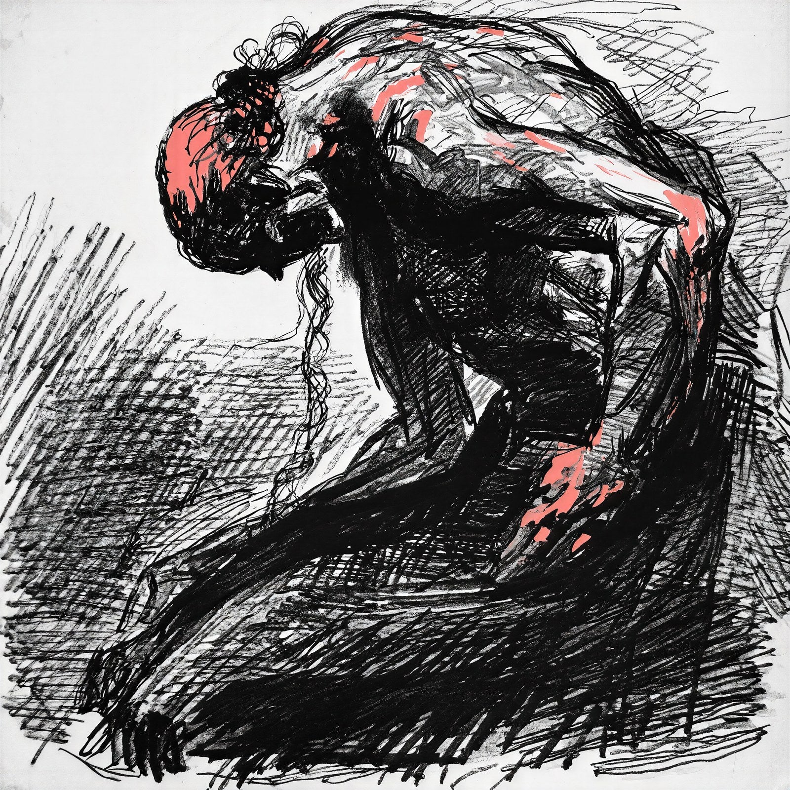 Kowtow, Gestural Figure Study in Coral | Expressive Wall Art Print — grid