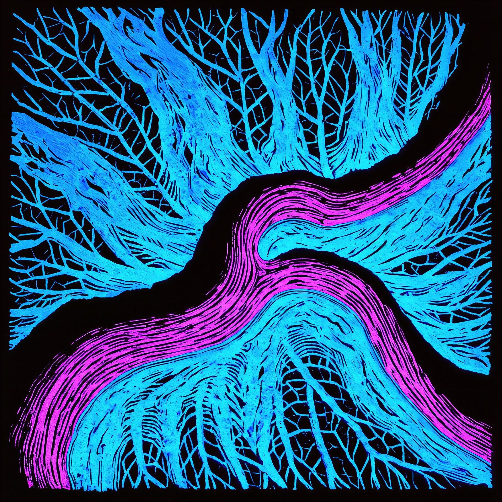 Electric Filament Wall Art, Neon Cyan & Magenta Abstract Art Print, Woodblock Geometric — grid
