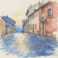 Rain-Washed Cobblestones at Dusk, Watercolor Art Print, European City Street Wall Art — grid