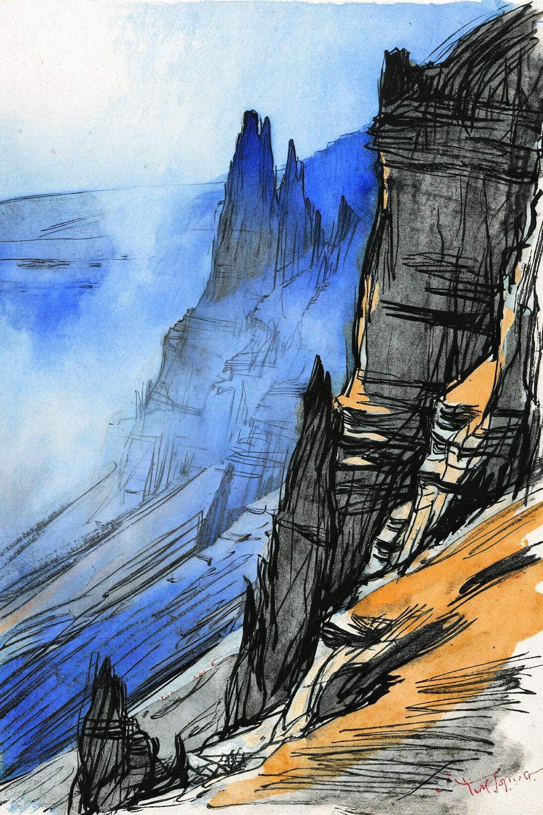 Desert Cliffs in Mist, Charcoal & Amber Art Print | Expressive Gesture Drawing Wall Art — grid
