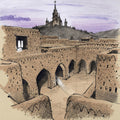 Andean Adobe Church at Dusk, Architectural Sketch Art Print, Gothic Spires Wall Art — grid