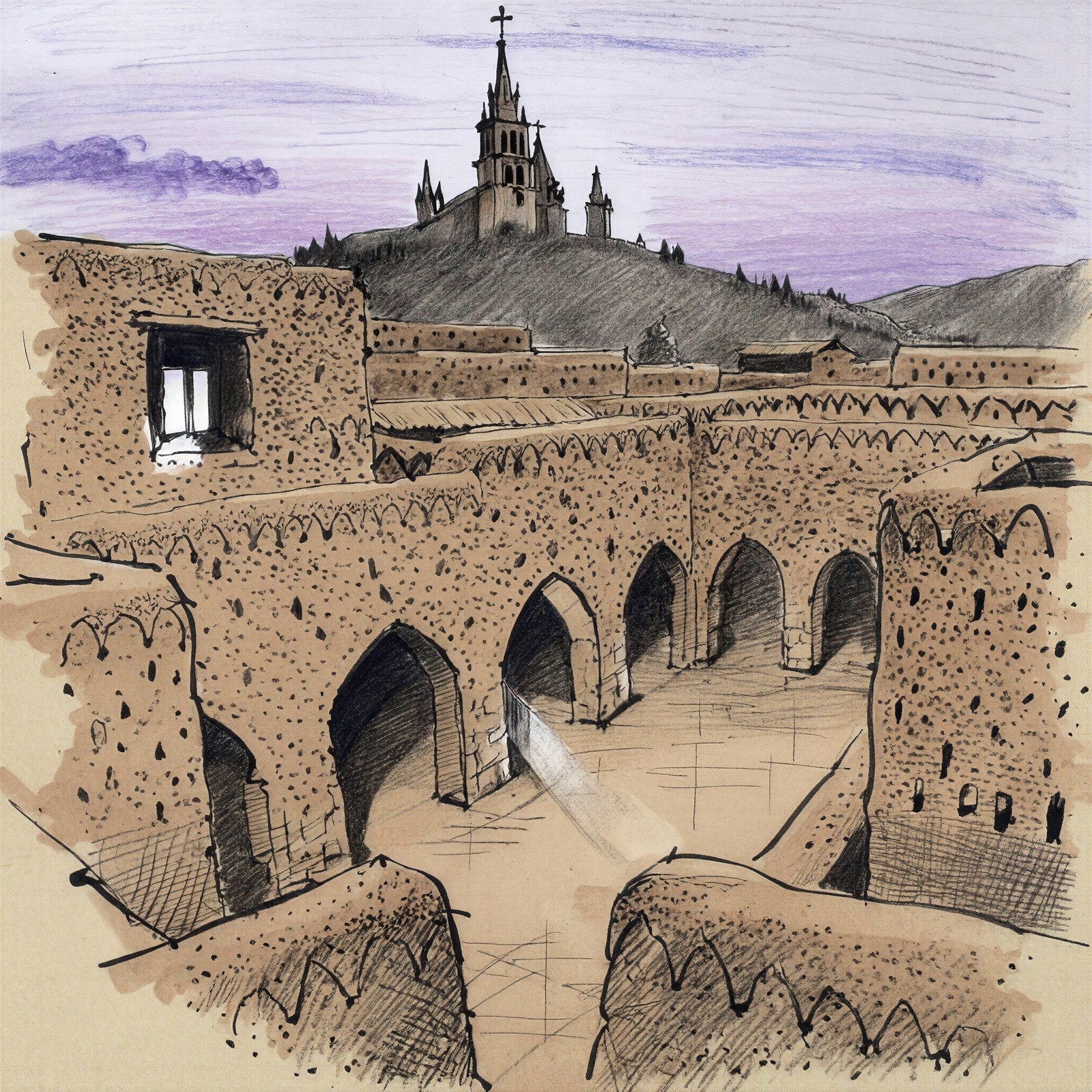 Andean Adobe Church at Dusk, Architectural Sketch Art Print, Gothic Spires Wall Art — grid