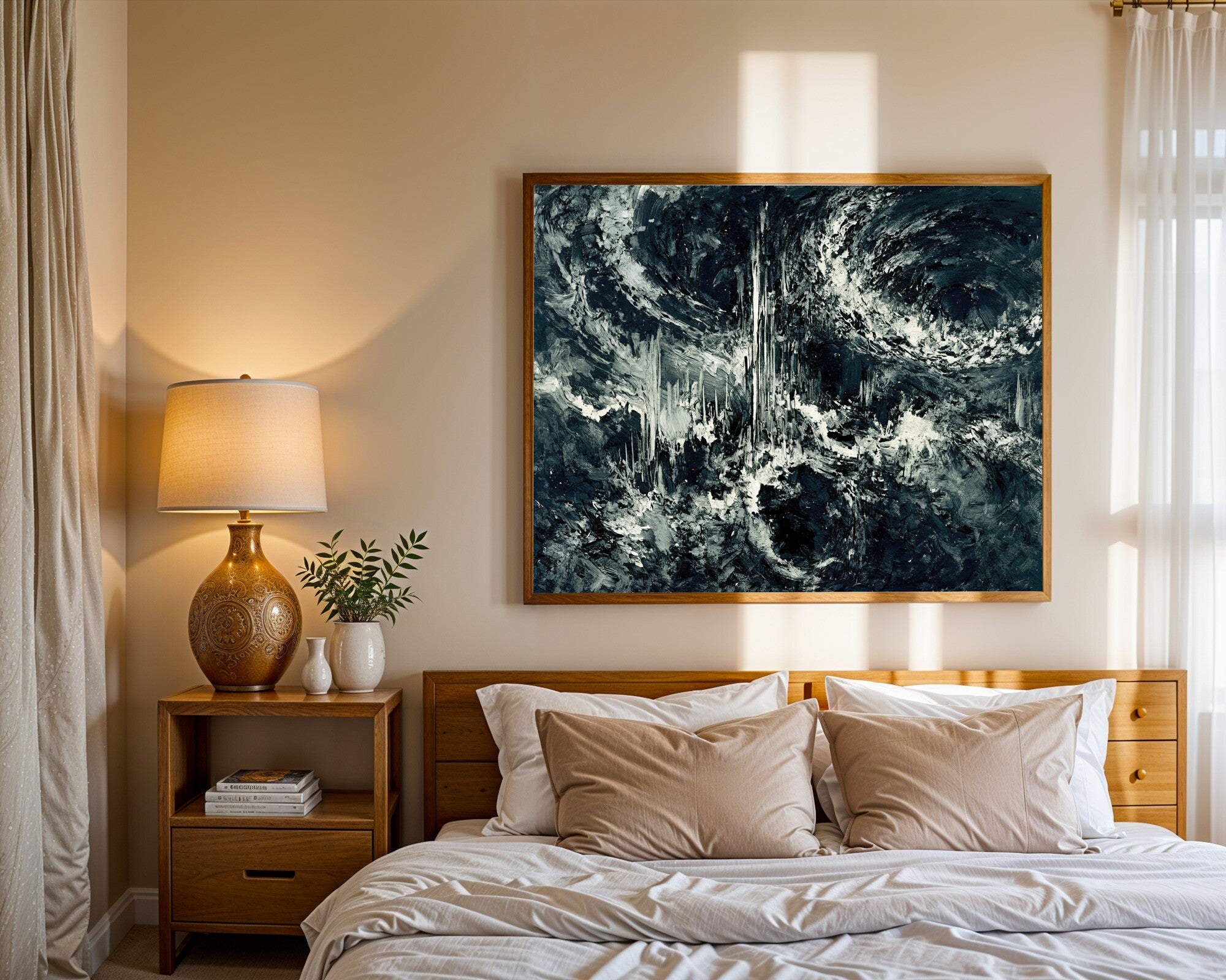 Charcoal Collision, Jewel Tone Abstract Wall Art | Sapphire, Emerald & Graphite Art Print — room-l-bedroom-wood