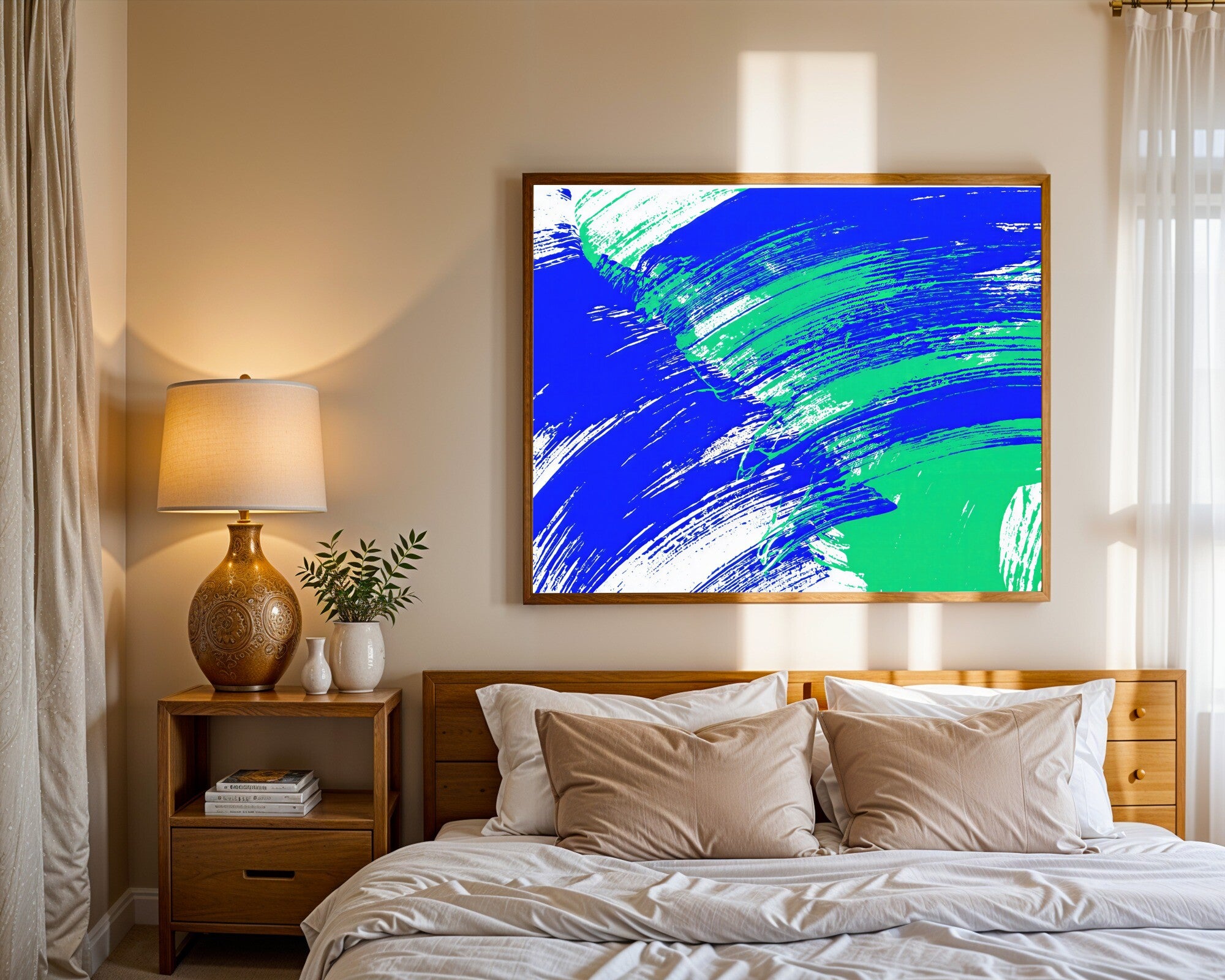 Sapphire & Emerald Gestural Abstract Wall Art | Jewel Tone Risograph Art Print — room-l-bedroom-wood