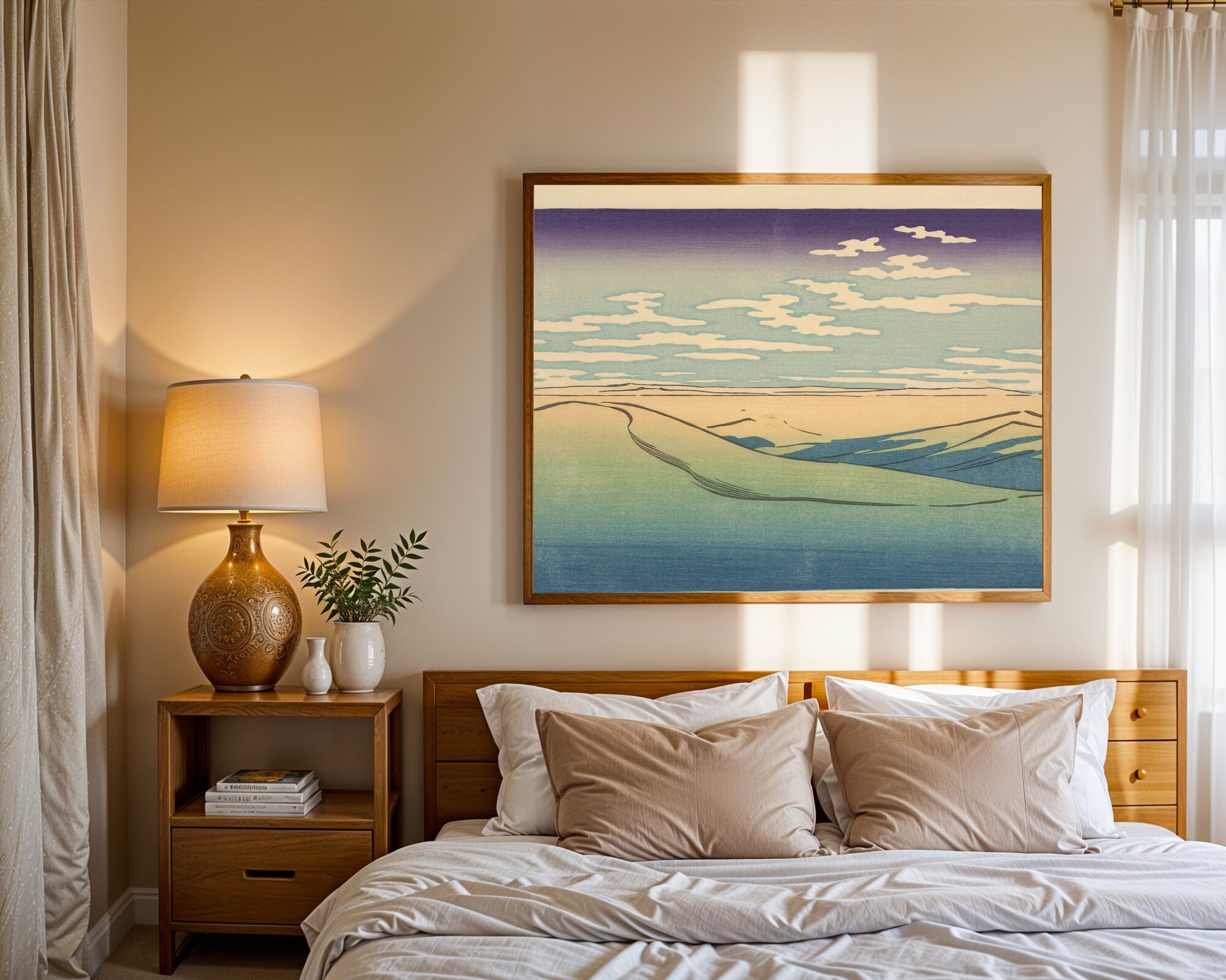 Desert Horizon Wall Art, Ukiyo-e Woodblock Style Print | Lilac & Green Duotone Landscape — room-l-bedroom-wood