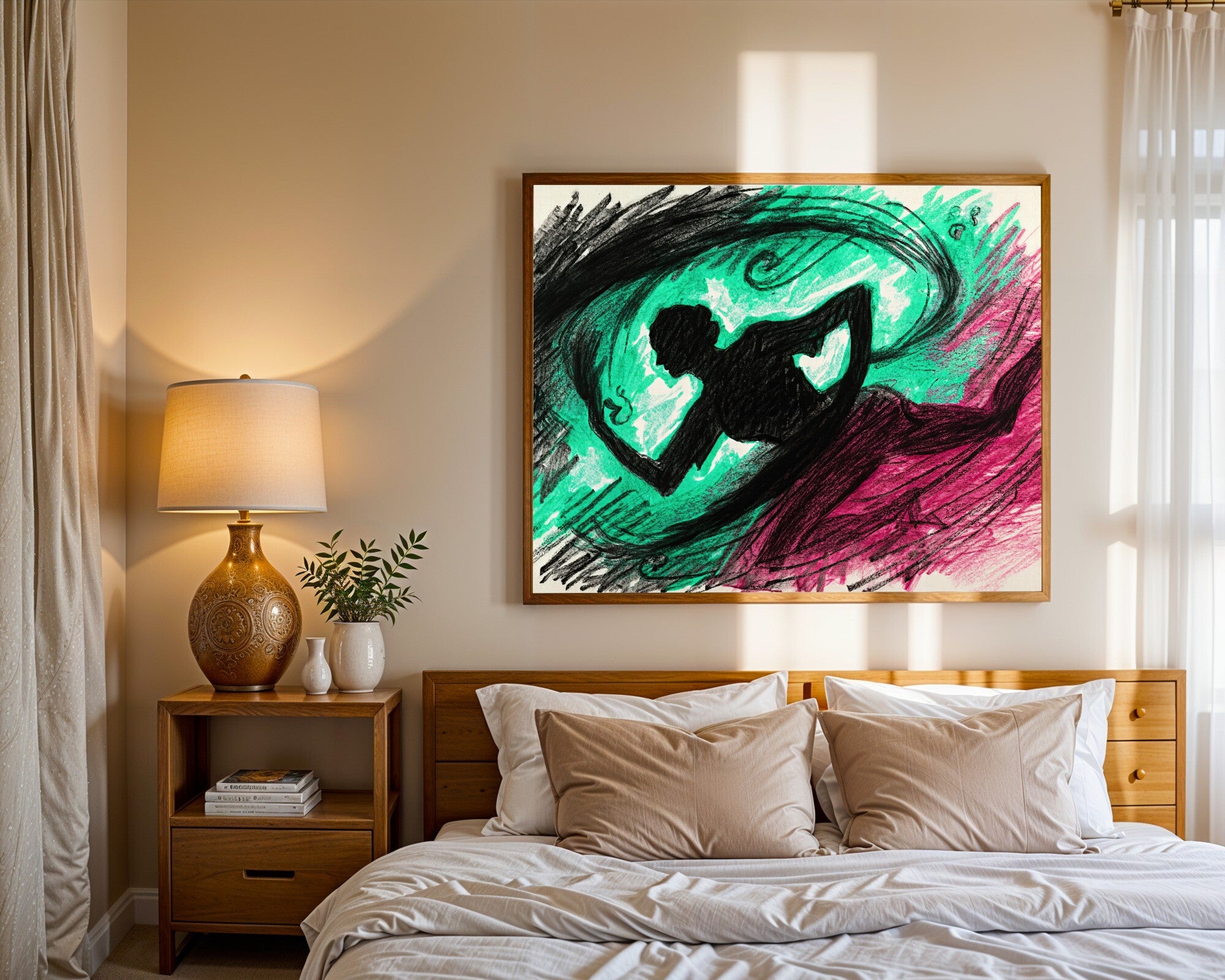 Looming Dancer Art Print, Abstract Charcoal & Graphite Wall Art | Sea Green & Raspberry — room-l-bedroom-wood