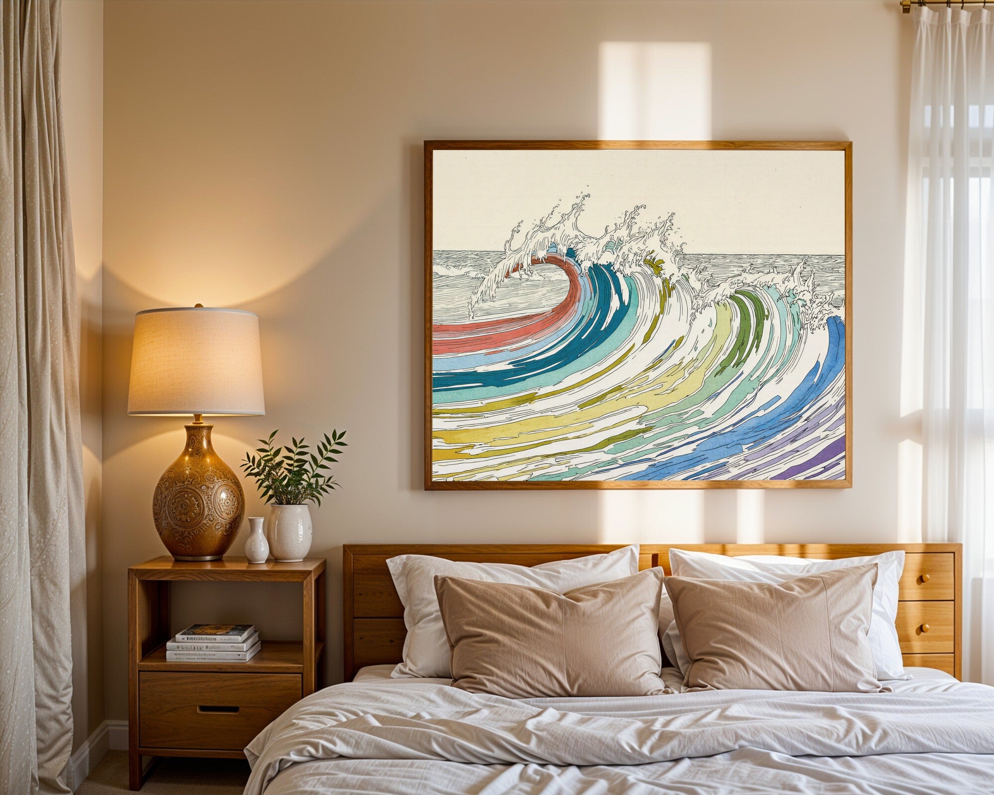 Cresting Wave Art Print, Polychromatic Fine Line Wall Art, Coastal Abstract — room-l-bedroom-wood