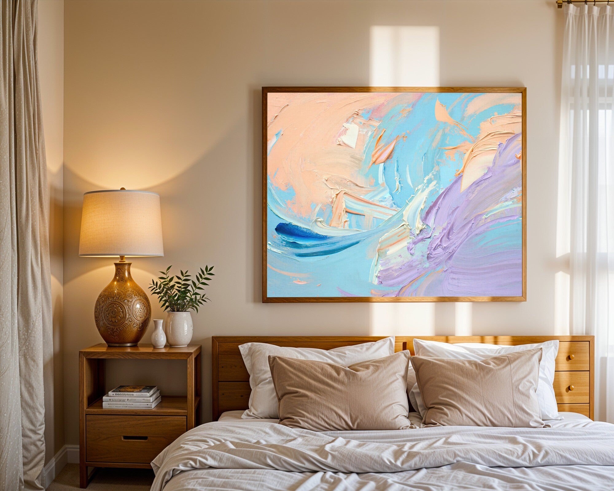 Ethereal Impasto Wall Art | Abstract Gestural Art Print | Pastel Peach Blue Lavender | Framing-Ready — room-l-bedroom-wood