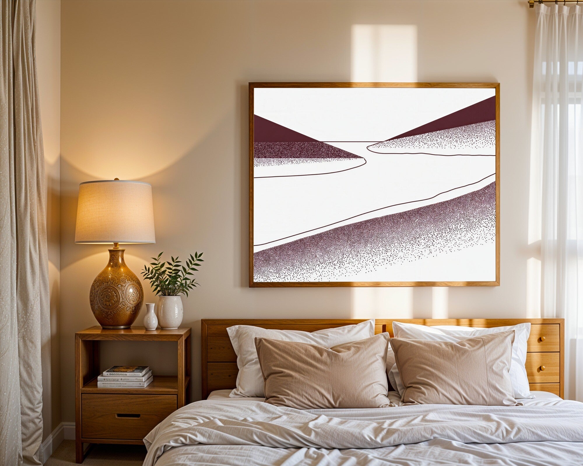 Oxblood Riverbank, Stippled Bauhaus Landscape Art Print | Minimalist Geometric Wall Art — room-l-bedroom-wood