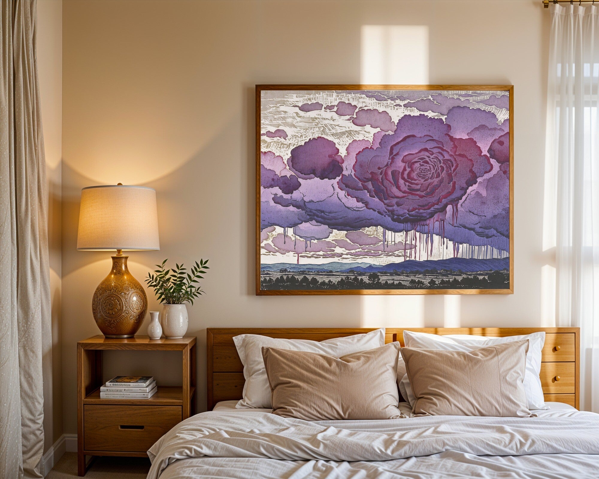 Passing Front, Linocut Landscape Art Print, Atmospheric Wall Art in Amethyst and Rose — room-l-bedroom-wood