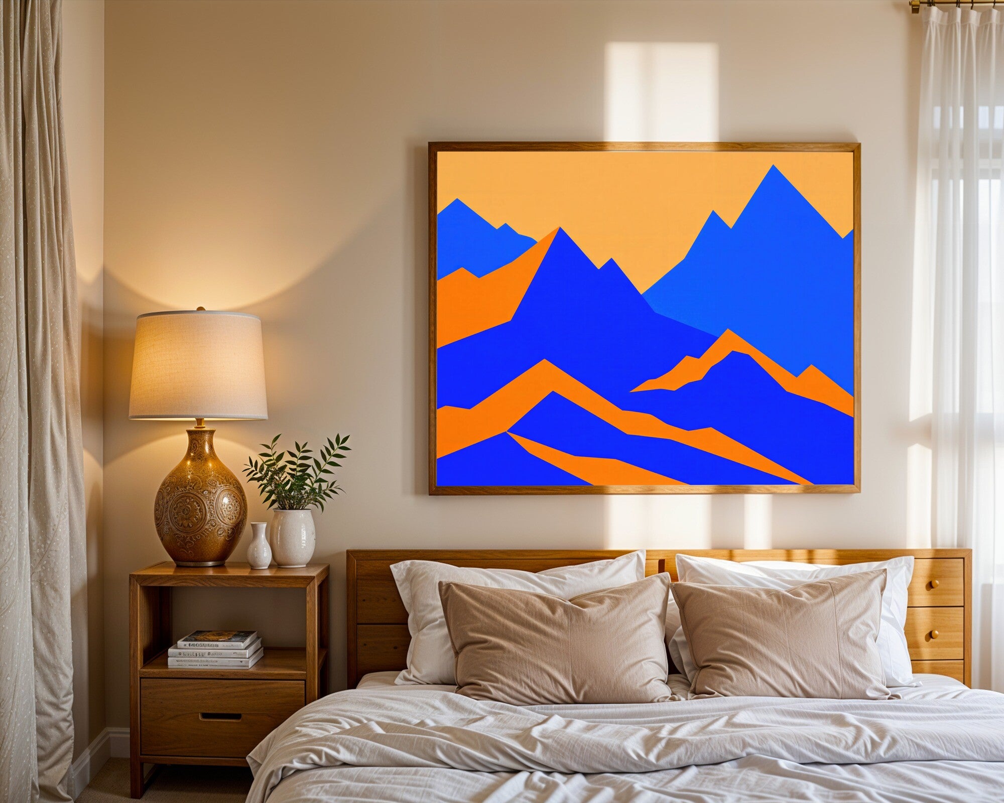 Azure Mountain Landscape Art Print | Geometric Wall Art | Minimalist Mountains in Blue & Ginger — room-l-bedroom-wood