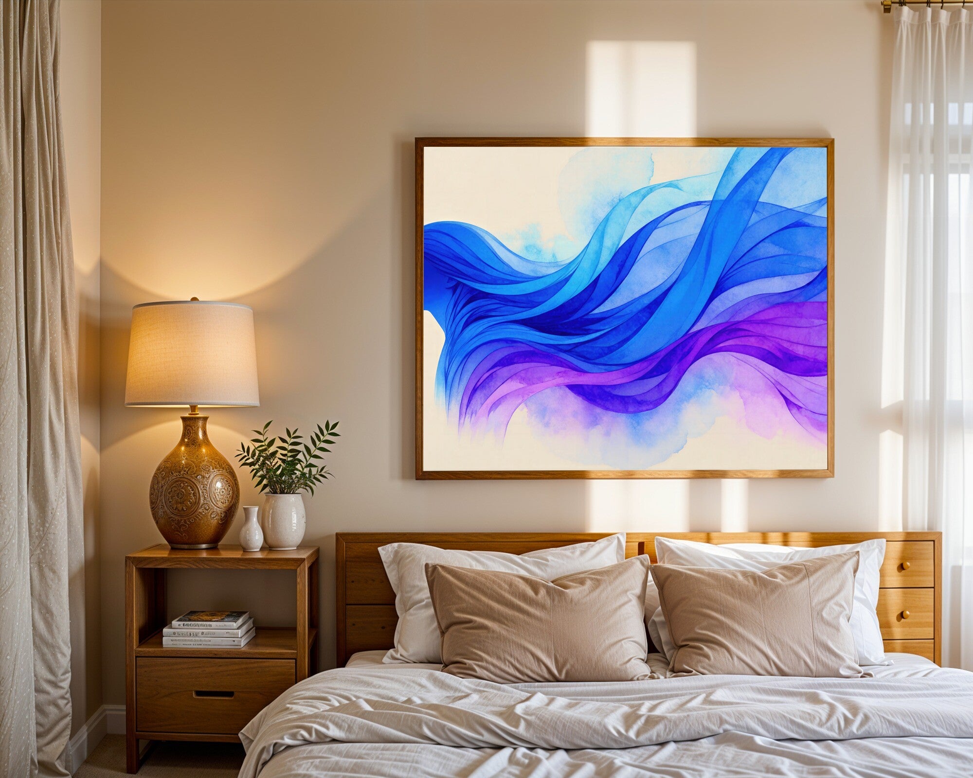 Silk Reverie, Abstract Man Silhouette Watercolour Wall Art in Steel Blue & Amethyst — room-l-bedroom-wood