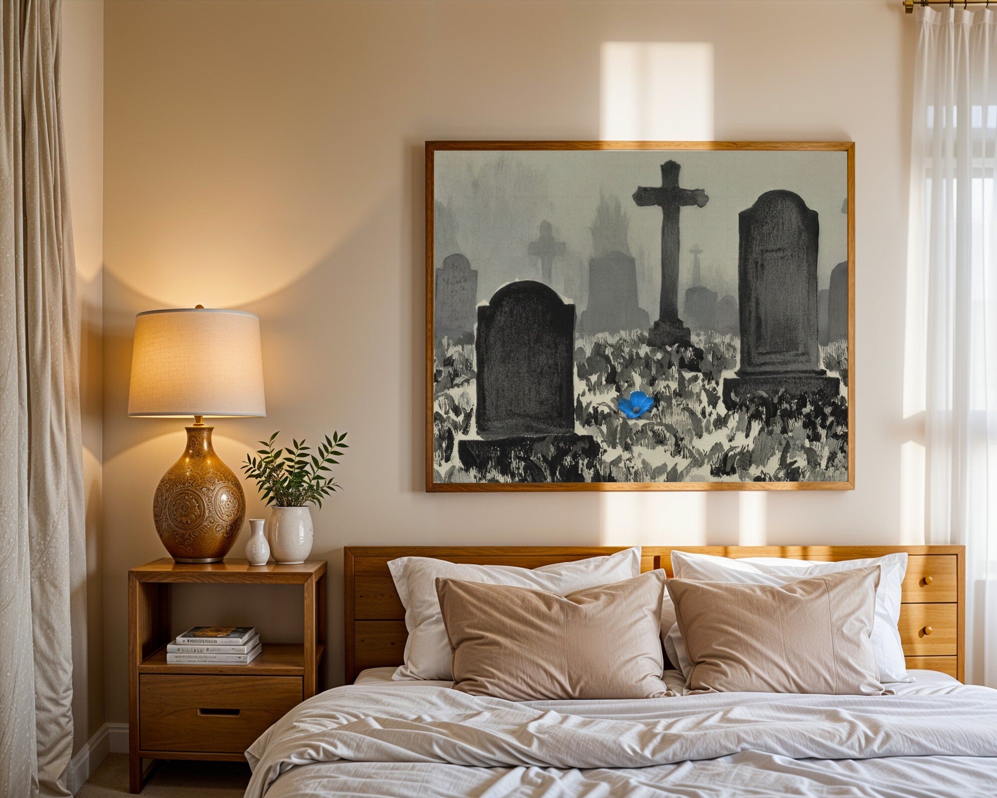 Still Ground, Cemetery Silhouettes Wall Art Print | Near-Monochrome with Ultramarine Petal — room-l-bedroom-wood