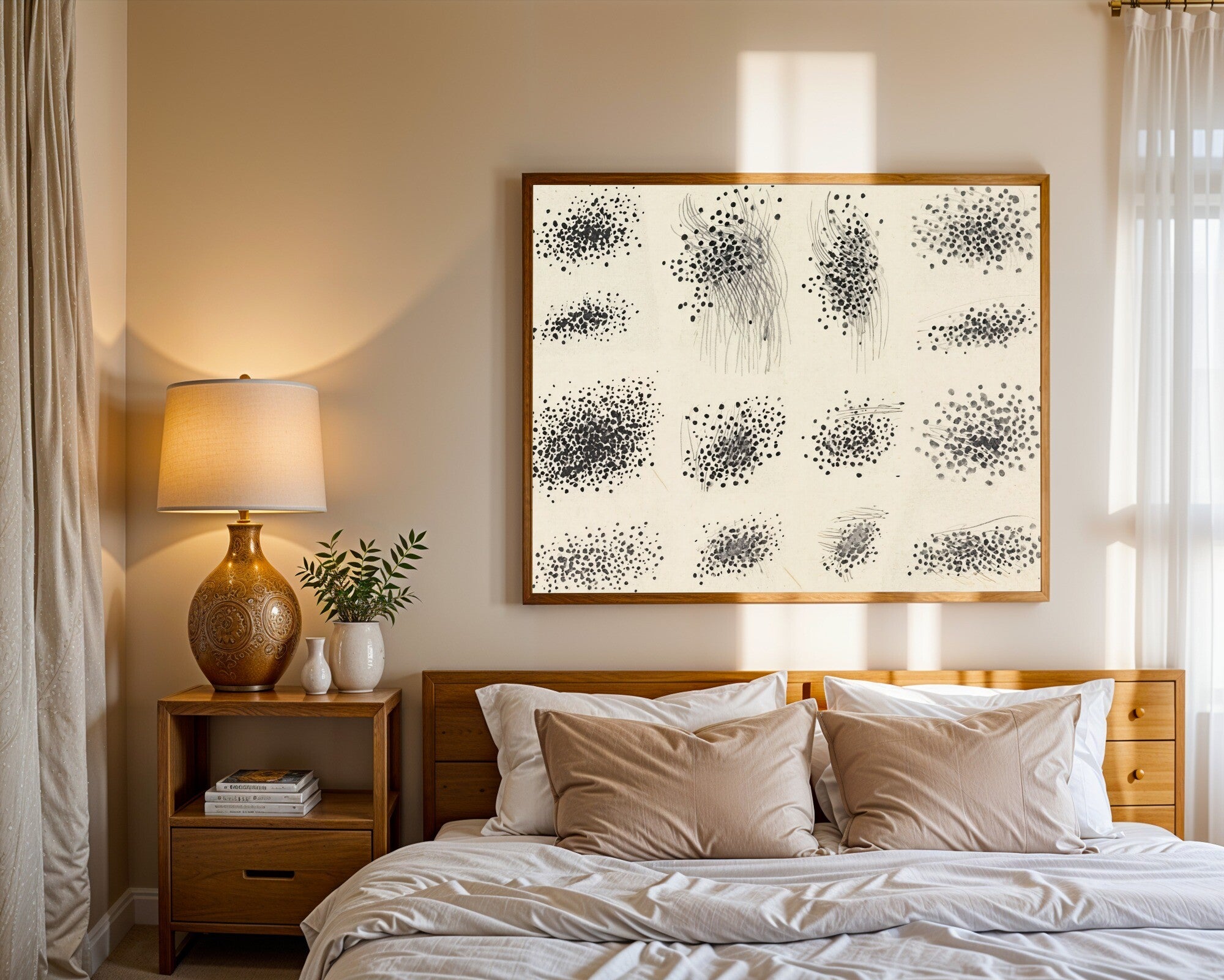 Charcoal Studies Contact Sheet | Gestural Abstract Art Print | Graphite Arcs & Dots Wall Art — room-l-bedroom-wood