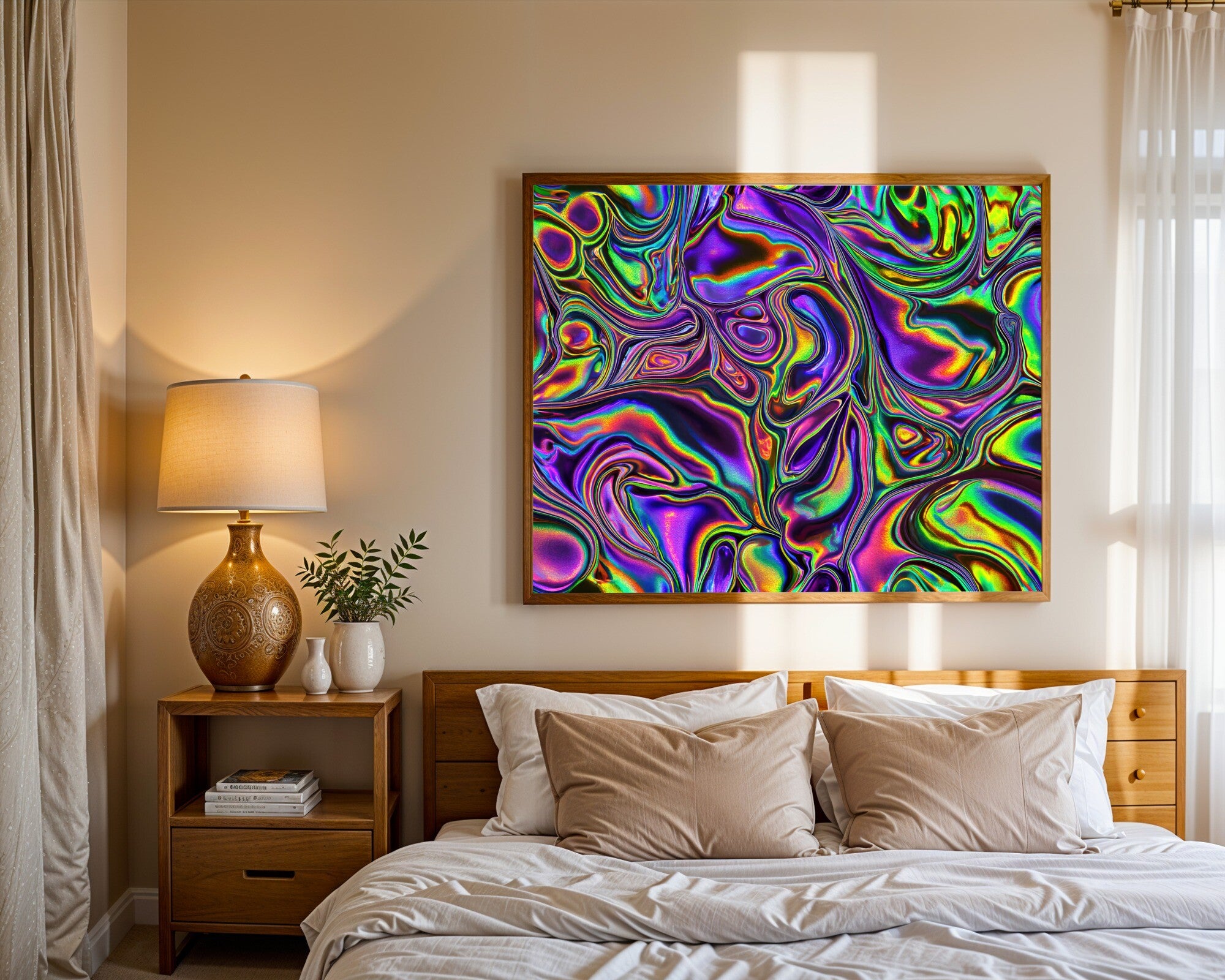 Heavy Metallic Swirls, Abstract Iridescent Texture Wall Art Print — room-l-bedroom-wood