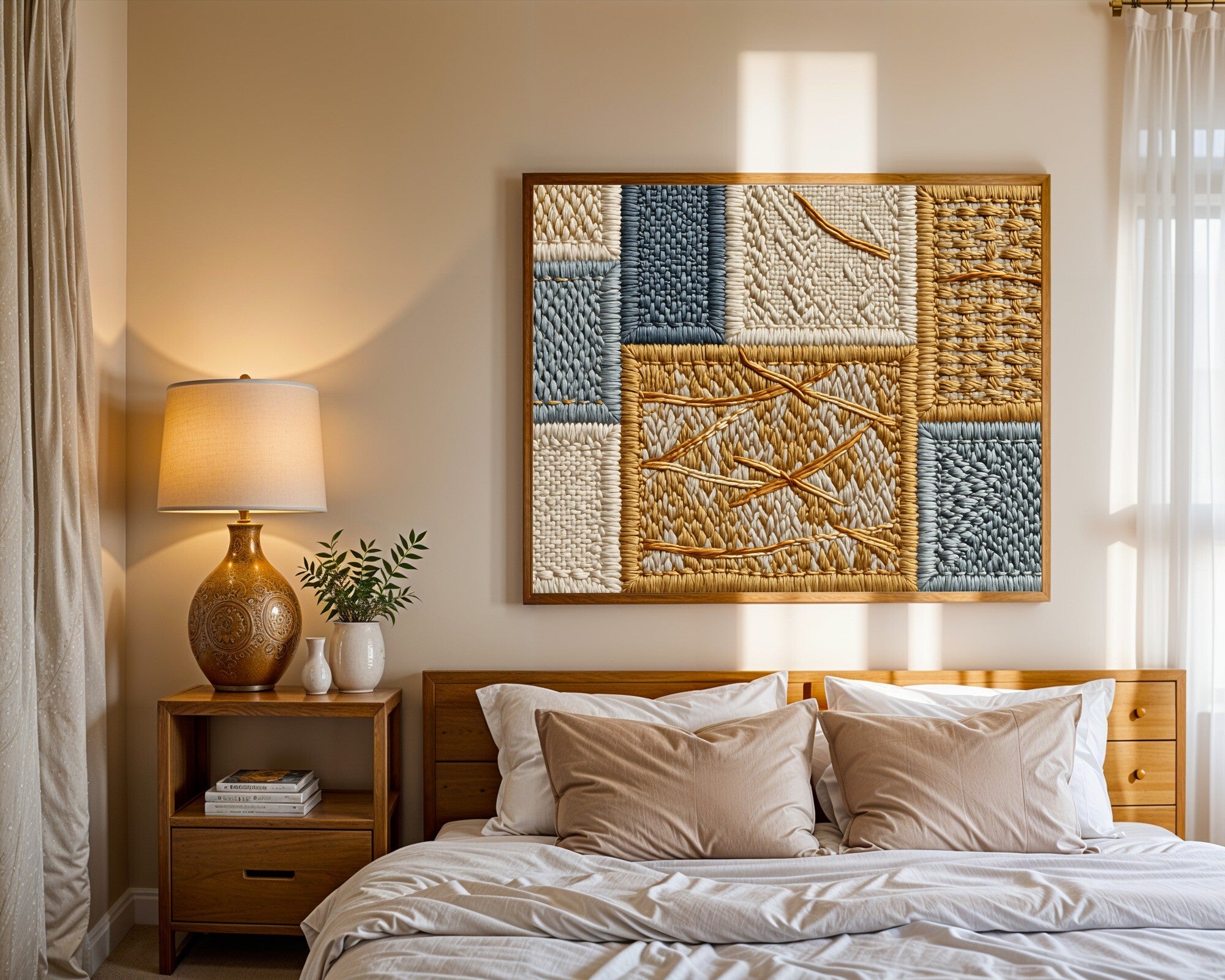 Embroidered Textile Grid Wall Art, Ochre, Slate & Raw Linen | Abstract Art Print — room-l-bedroom-wood