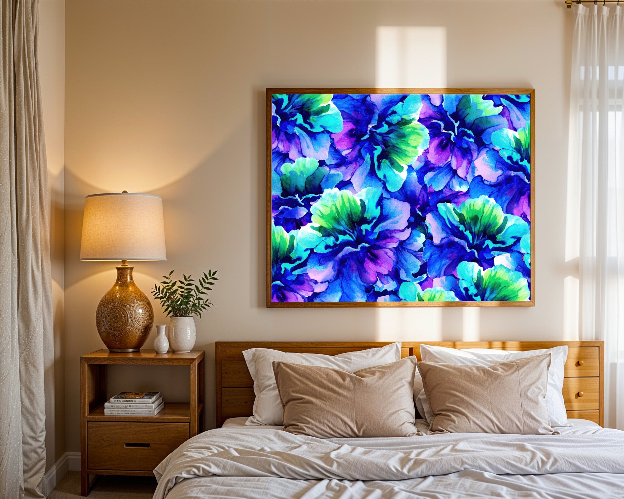 Jewel Tone Watercolour Art Print | Sapphire Emerald Amethyst Abstract Blooms | Landscape Wall Art — room-l-bedroom-wood