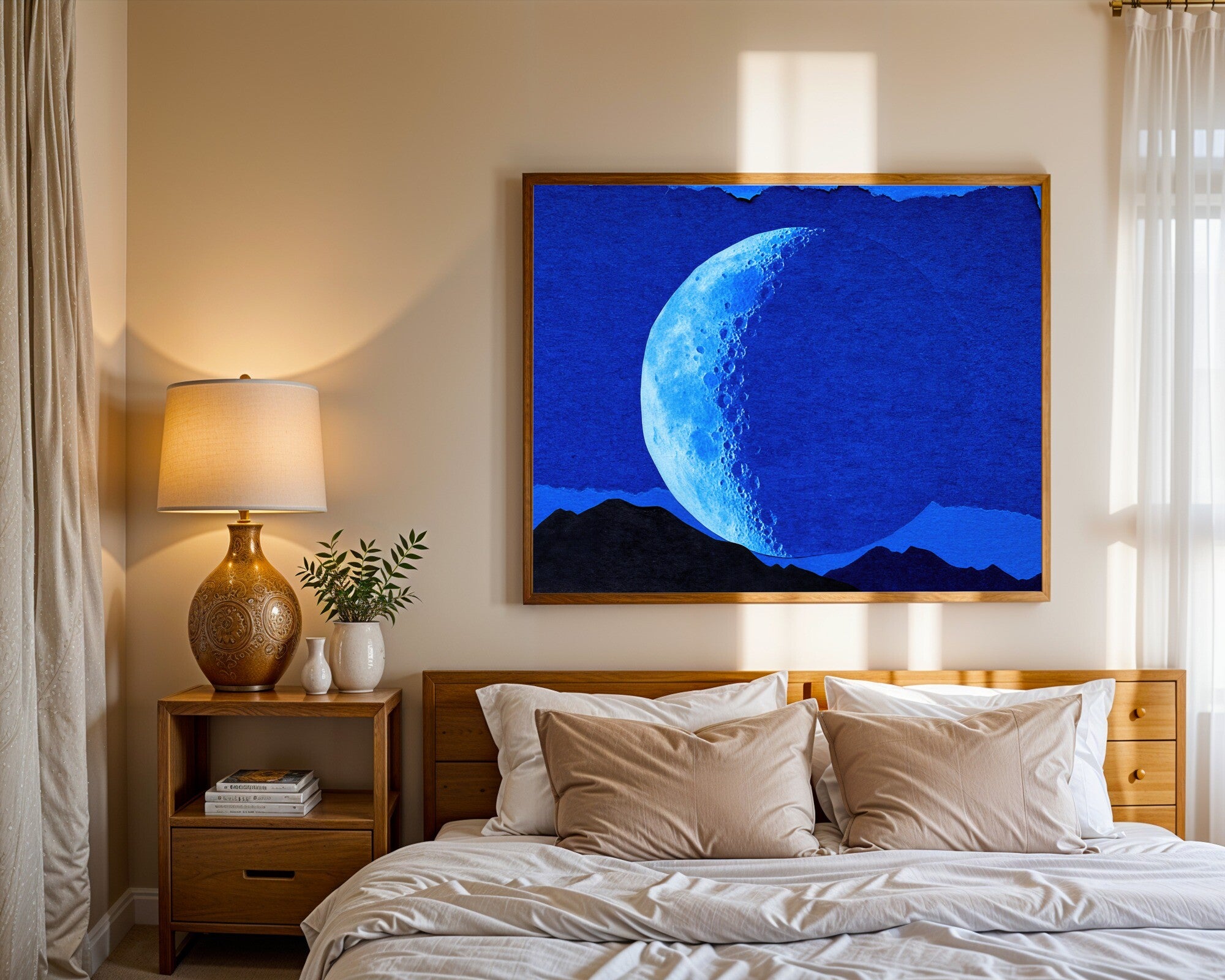 Crescent Moon Over Mountains Wall Art Print, Nocturne Blue Torn Paper Collage — room-l-bedroom-wood