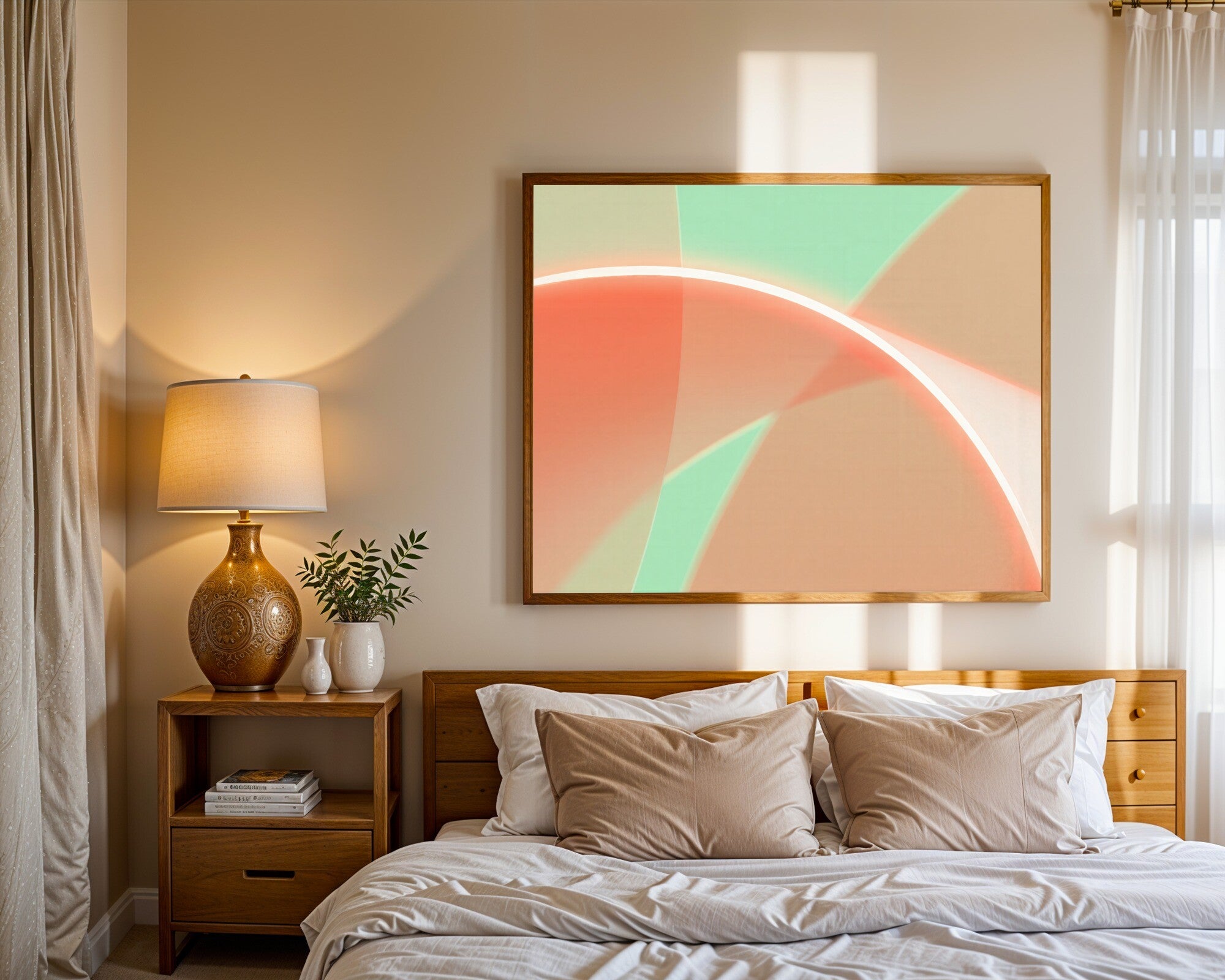 Luminous Drift, Apricot & Mint Abstract Wall Art Print | Pastel Color Field — room-l-bedroom-wood