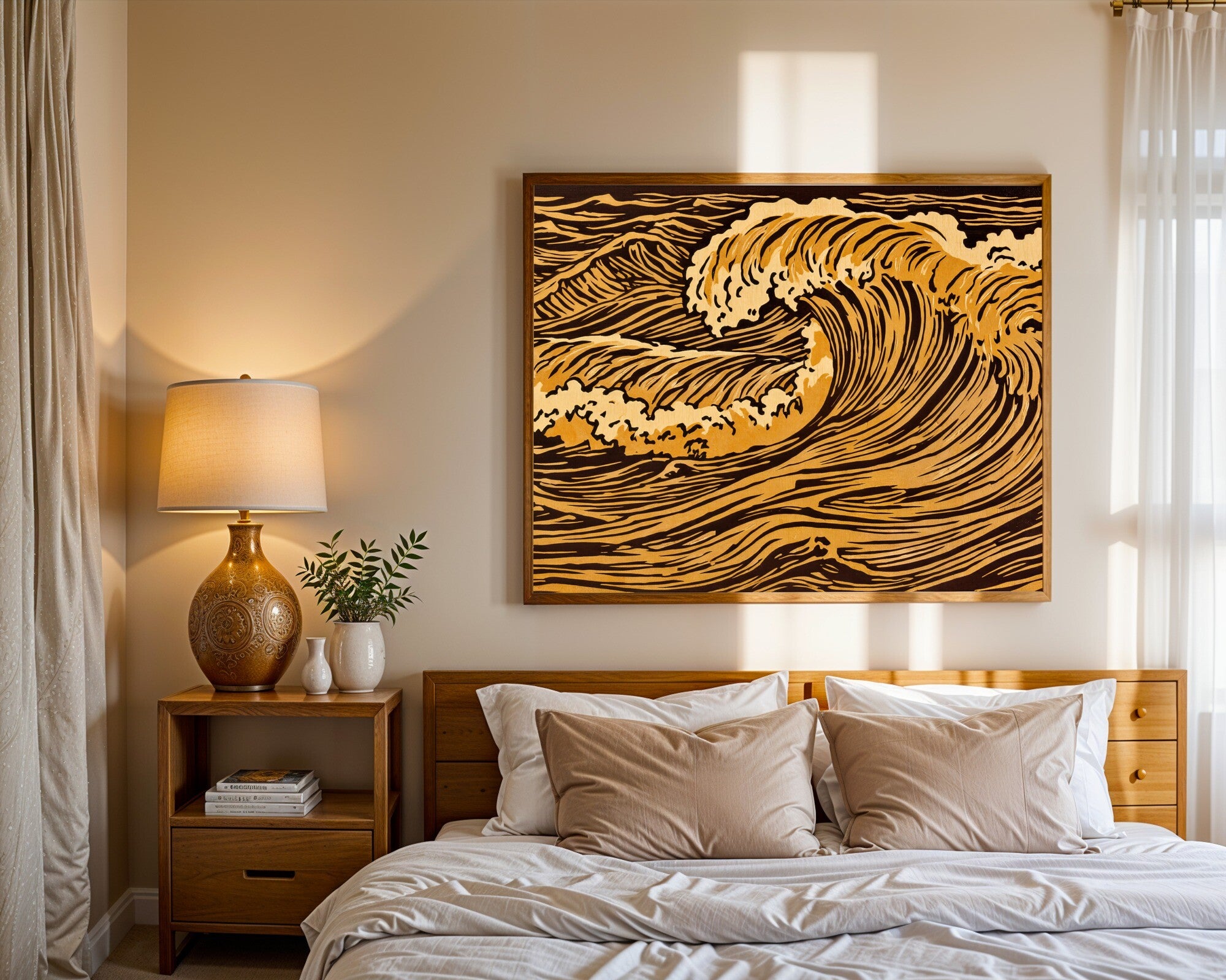 Frozen Amber Wave Wall Art | Woodblock Relief Art Print | Muted Ochre & Umber Landscape — room-l-bedroom-wood