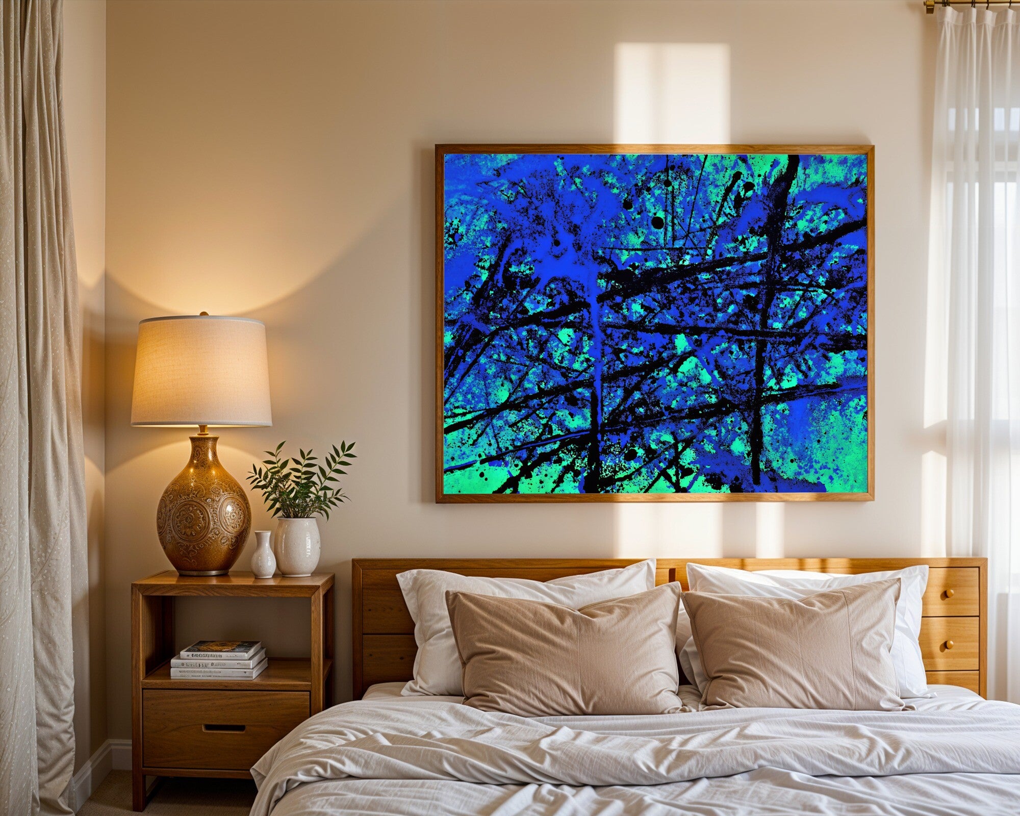Charcoal Collision, Jewel Tone Abstract Wall Art | Sapphire, Emerald & Graphite Art Print — room-l-bedroom-wood