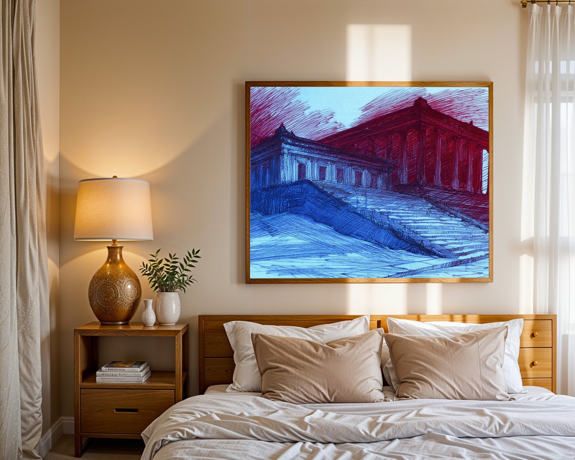 Kizhakemuri | Crimson & Azure Charcoal Wall Art | Expressive Architectural Art Print — room-l-bedroom-wood