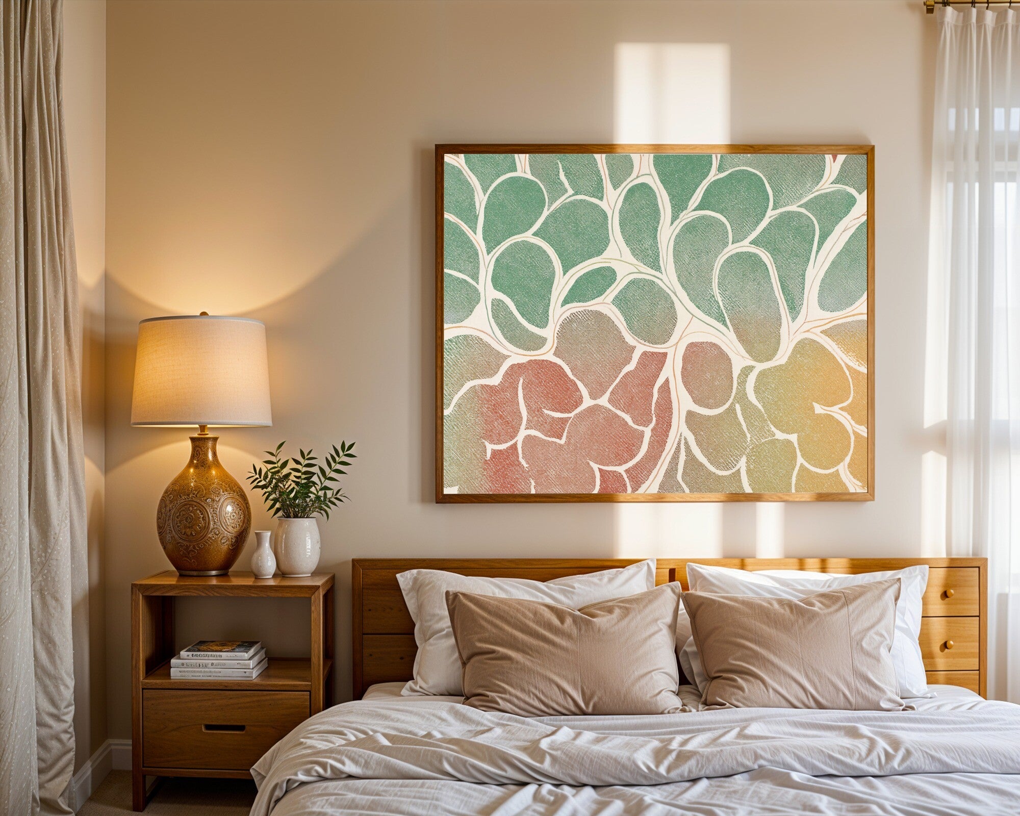 Layered Organic Fields Wall Art Print | Risograph Abstract | Sage Terracotta Ochre — room-l-bedroom-wood