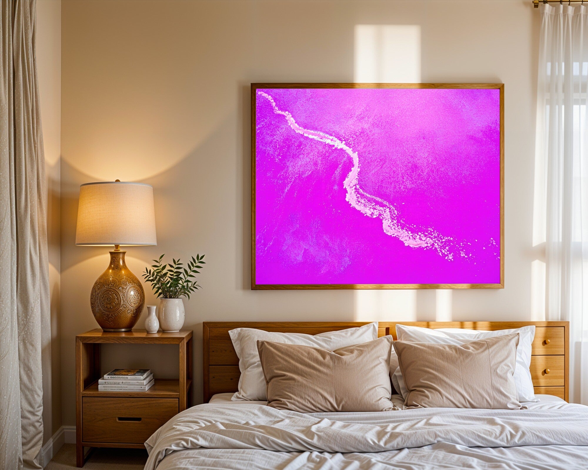 Wild Pink Expanse, Abstract Chalk Stroke Wall Art | Saturated Primary Color Print — room-l-bedroom-wood