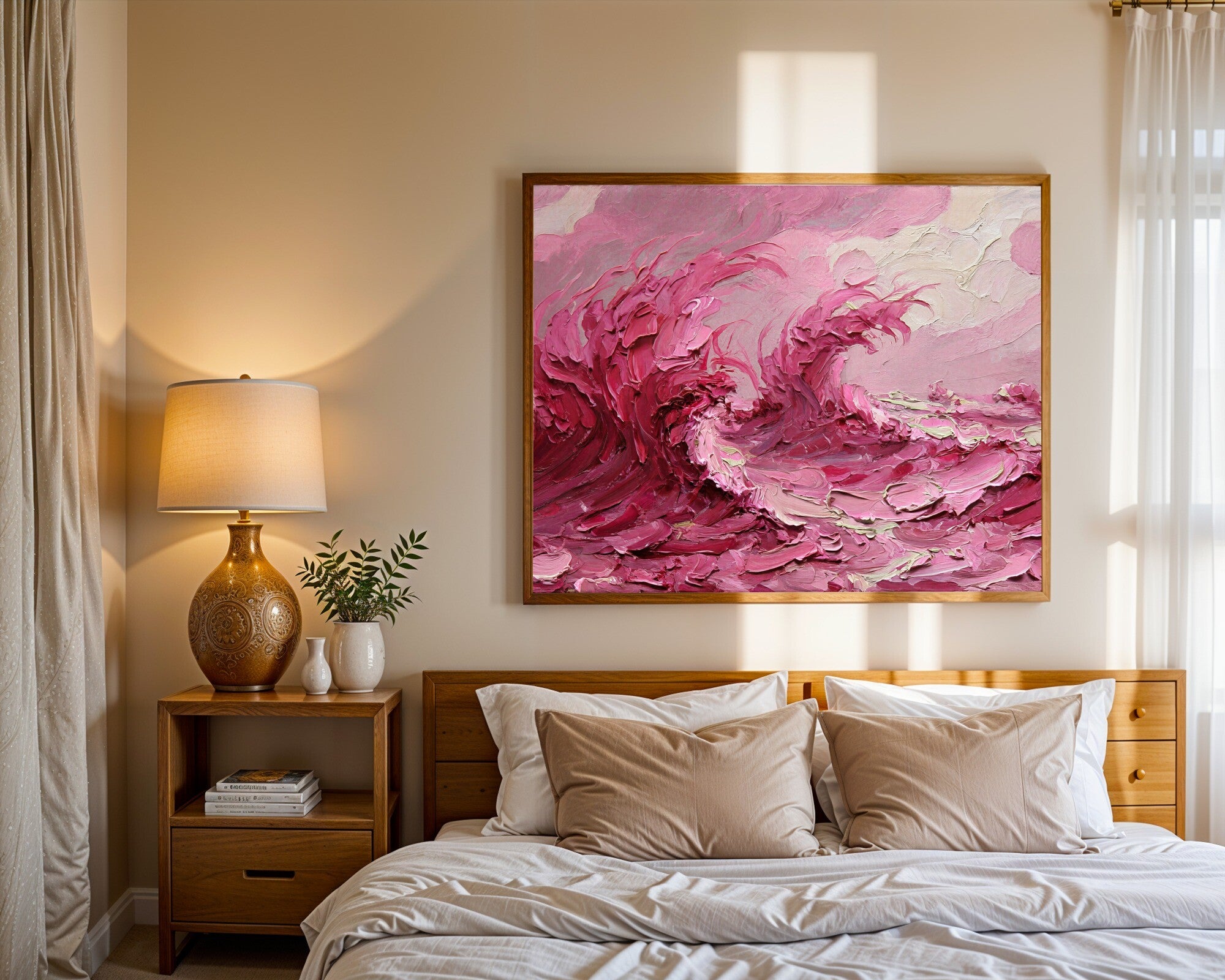 Katabatic, Monochrome Abstract Wall Art | Impasto Wind Study in Desaturated Pink — room-l-bedroom-wood
