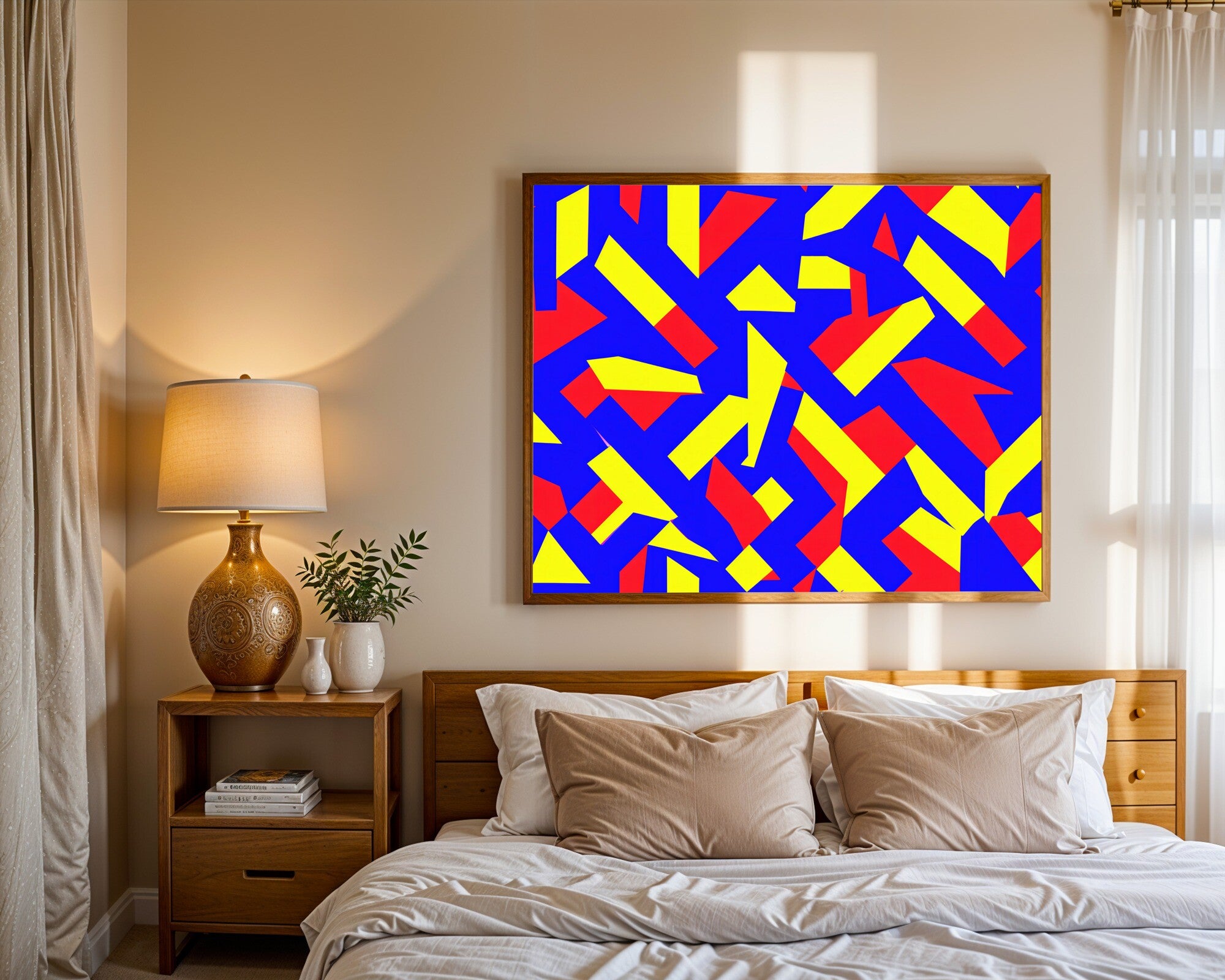 Primary Shards · Abstract Geometric Wall Art | Interlocking Colour Fragment Art Print, Red Blue Yellow — room-l-bedroom-wood