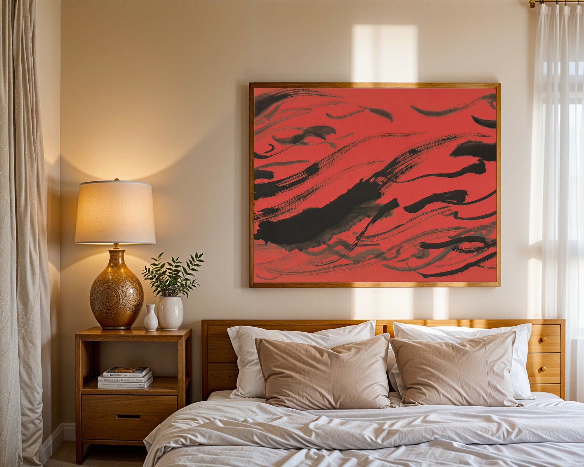 Vermillion Storm, Gestural Sumi-e Ink Wall Art | Charcoal Art Print in Landscape — room-l-bedroom-wood