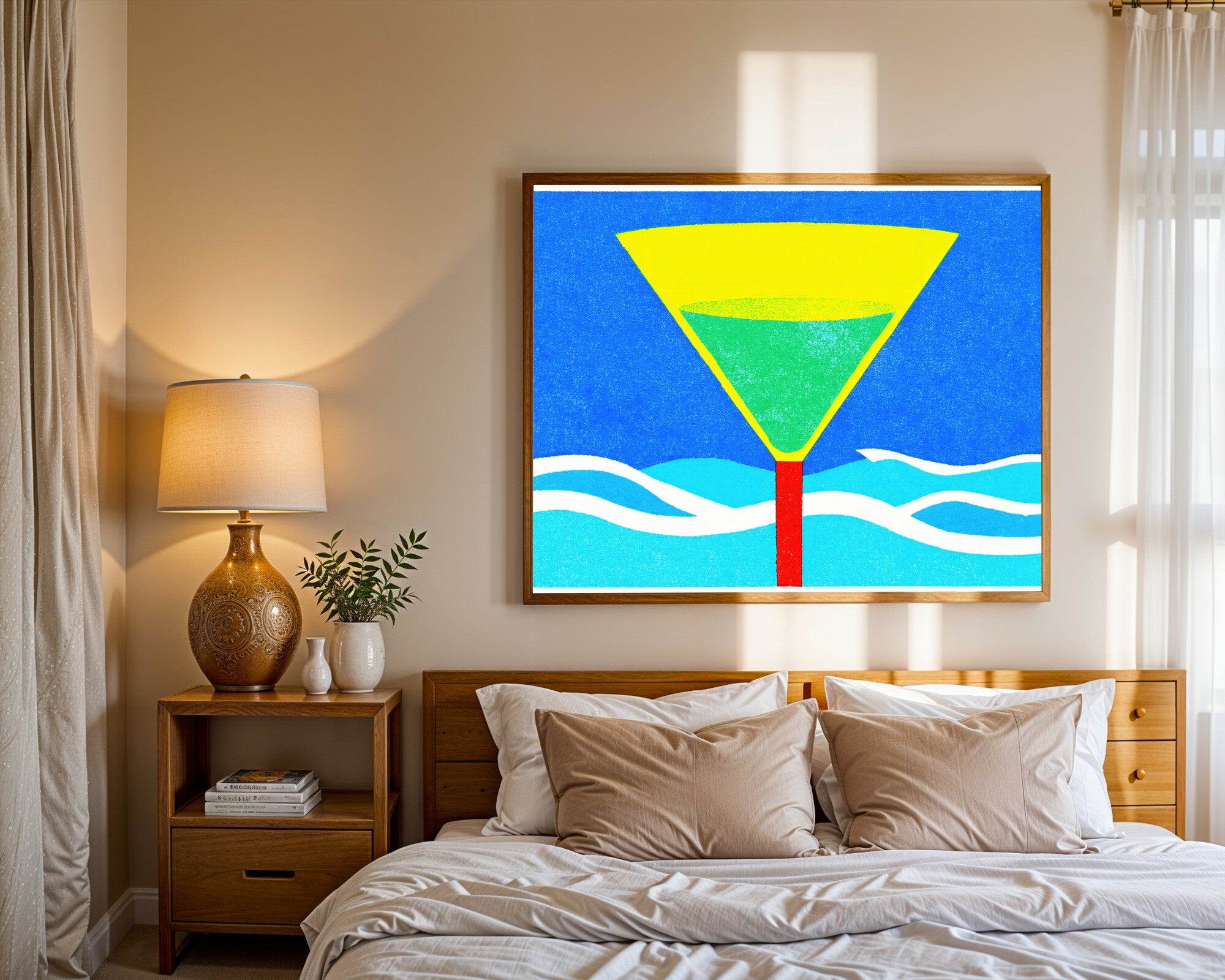 The Martini Sea, Risograph Art Print | Cocktail Seascape Wall Art | Acid Blush, Jade & Sky Blue — room-l-bedroom-wood