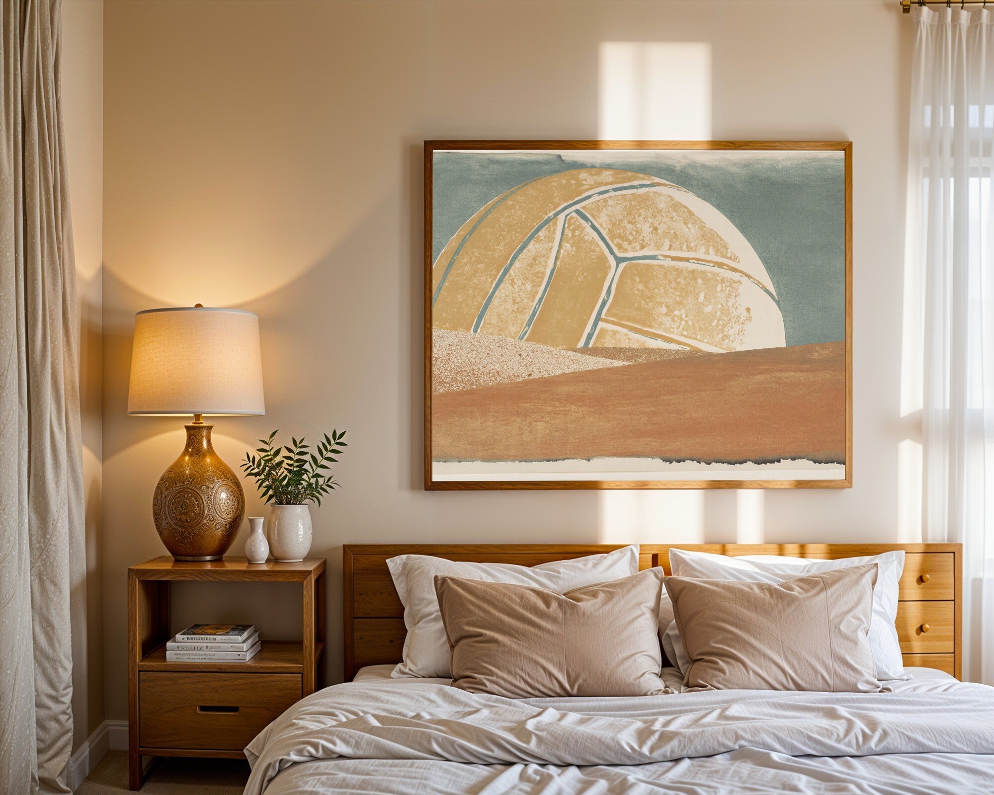 Desert Volleyball Moon, Minimalist Monoprint Wall Art Print | Muted Earth Tones — room-l-bedroom-wood