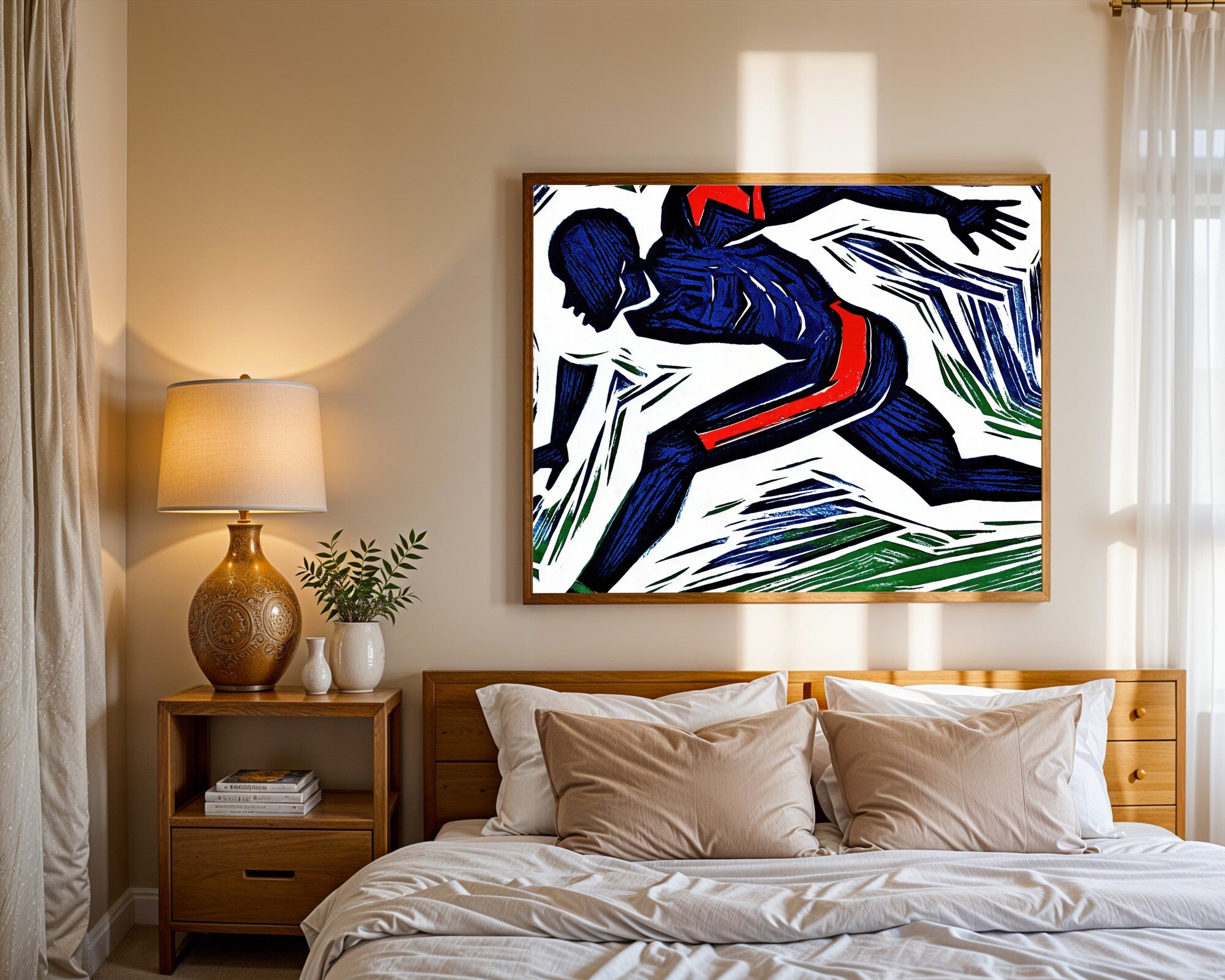 Mid-Stride, Woodblock Football Player Wall Art | Bold Graphic Sports Art Print, Navy Scarlet Viridian — room-l-bedroom-wood