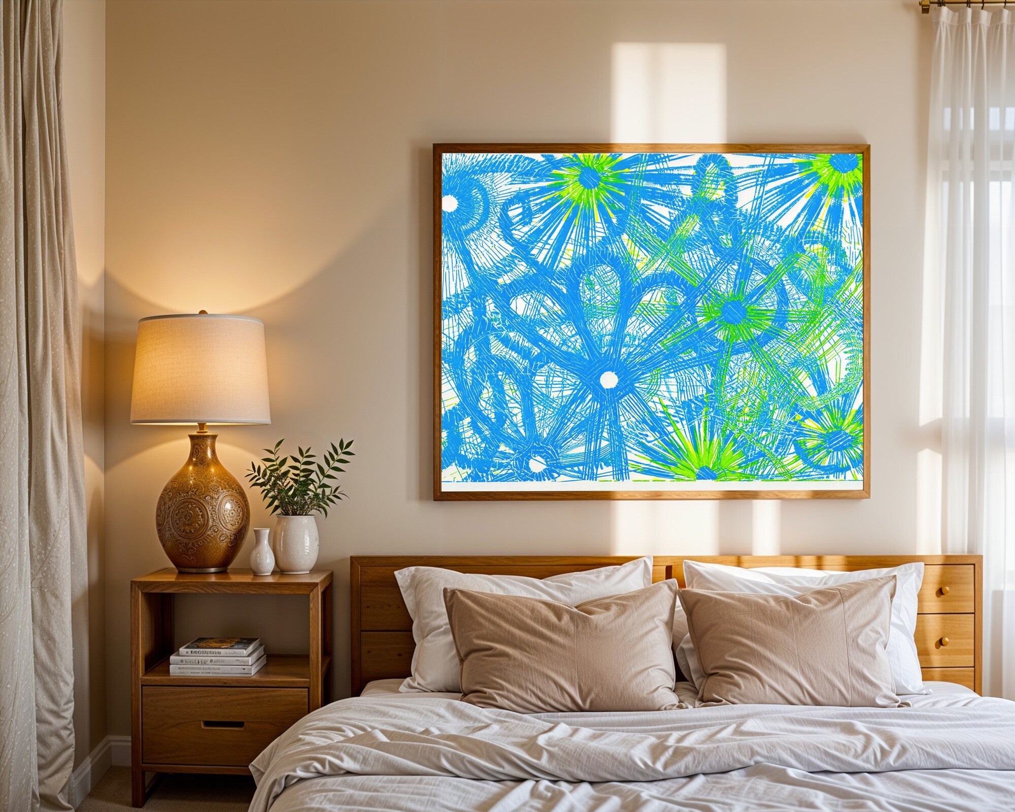 Circuit Radiance, Electric Neon Geometric Art Print | Cyan & Lime Blueprint Wall Art — room-l-bedroom-wood