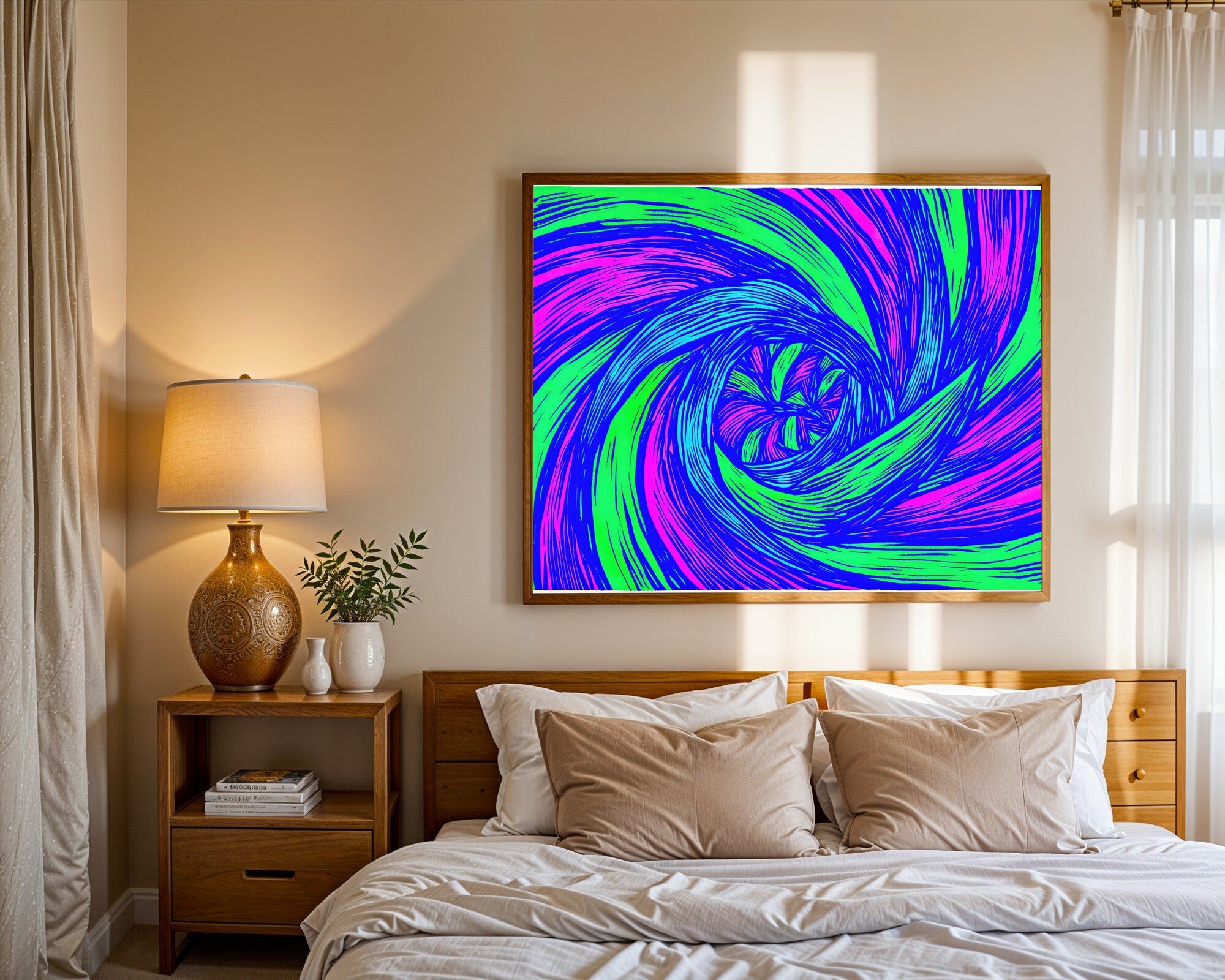Electric Vortex Linocut Art Print, Neon Violet & Acid Green Abstract Spiral Wall Art — room-l-bedroom-wood