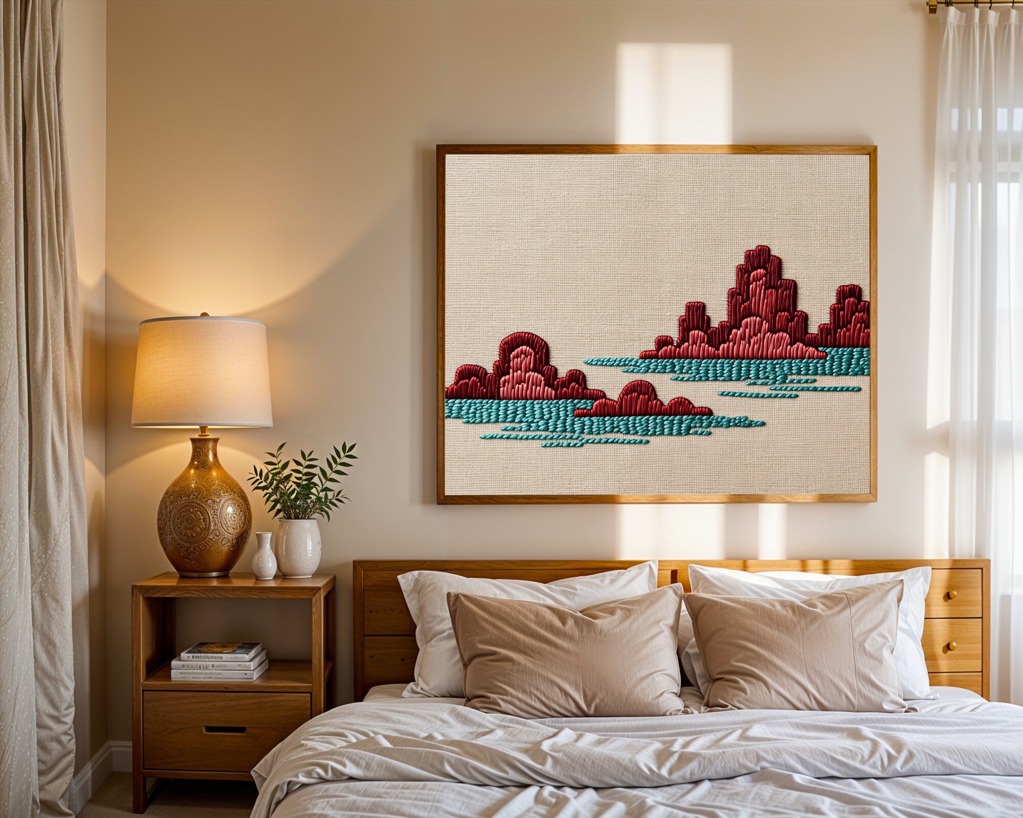 Arabesque Barrier Reef Art Print, Scarlet & Cyan Embroidery on Raw Linen | Wall Art — room-l-bedroom-wood