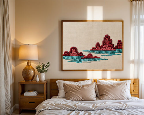 Arabesque Barrier Reef Art Print, Scarlet & Cyan Embroidery on Raw Linen | Wall Art — room-l-bedroom-wood