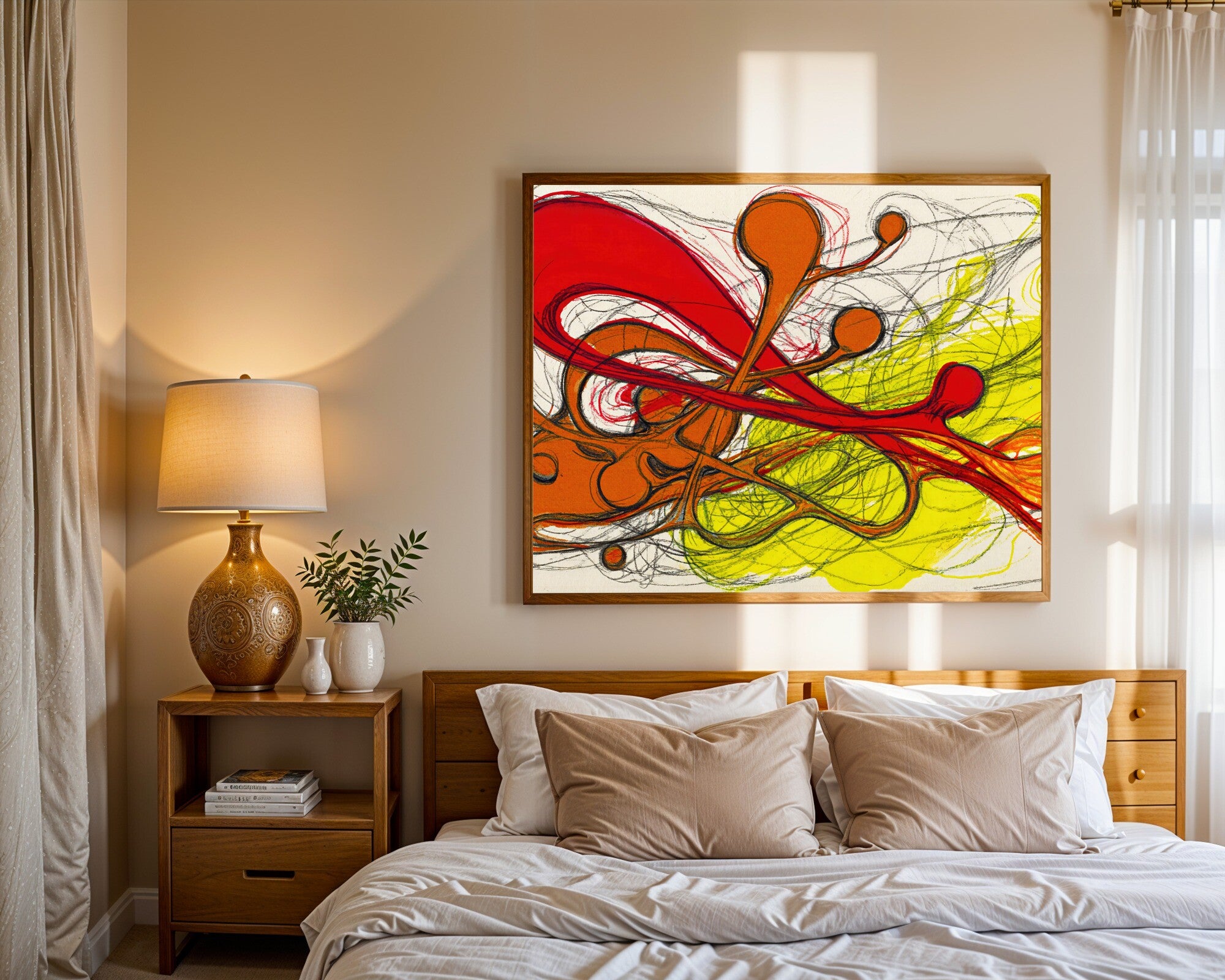Fluid Embers, Gestural Abstract Art Print | Crimson, Burnt Orange & Yellow Wall Art — room-l-bedroom-wood