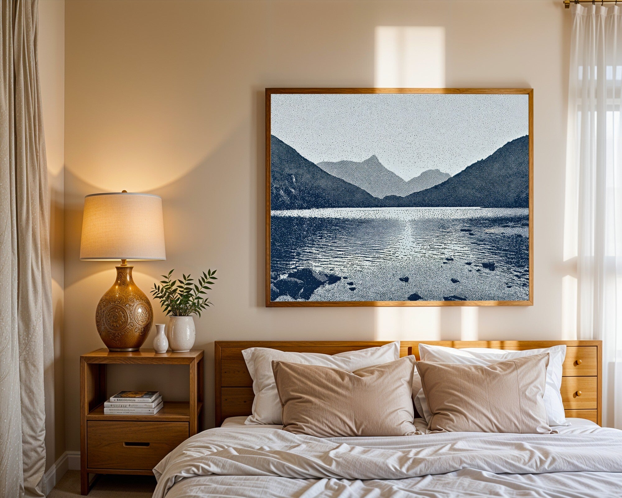 Loch & Mountain Halftone Wall Art | Slate Grey Graphic Print | Tranquil Highland Landscape — room-l-bedroom-wood