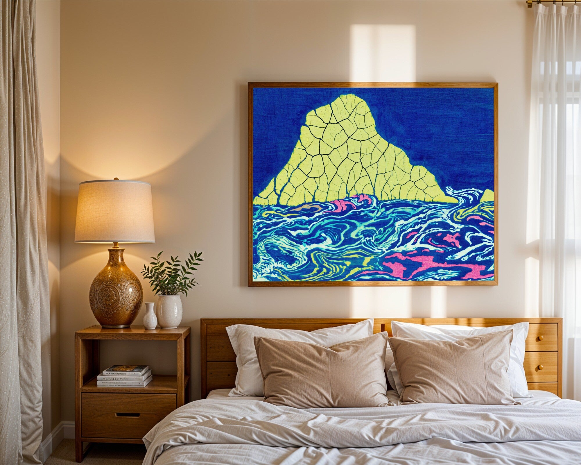 Abyssal Seamount Wall Art Print, Batik Ocean Landscape in Muted Sulphur, Cyan & Fuchsia | Giclée — room-l-bedroom-wood