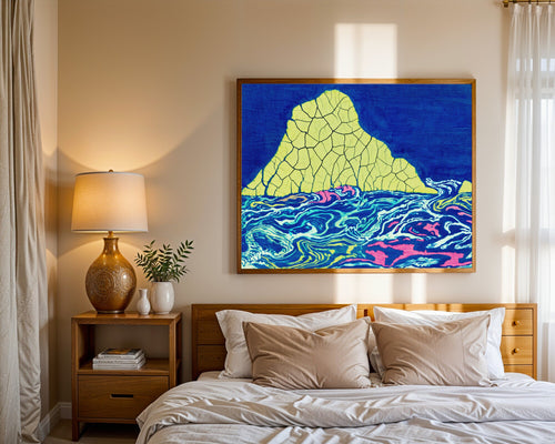 Abyssal Seamount Wall Art Print, Batik Ocean Landscape in Muted Sulphur, Cyan & Fuchsia | Giclée — room-l-bedroom-wood