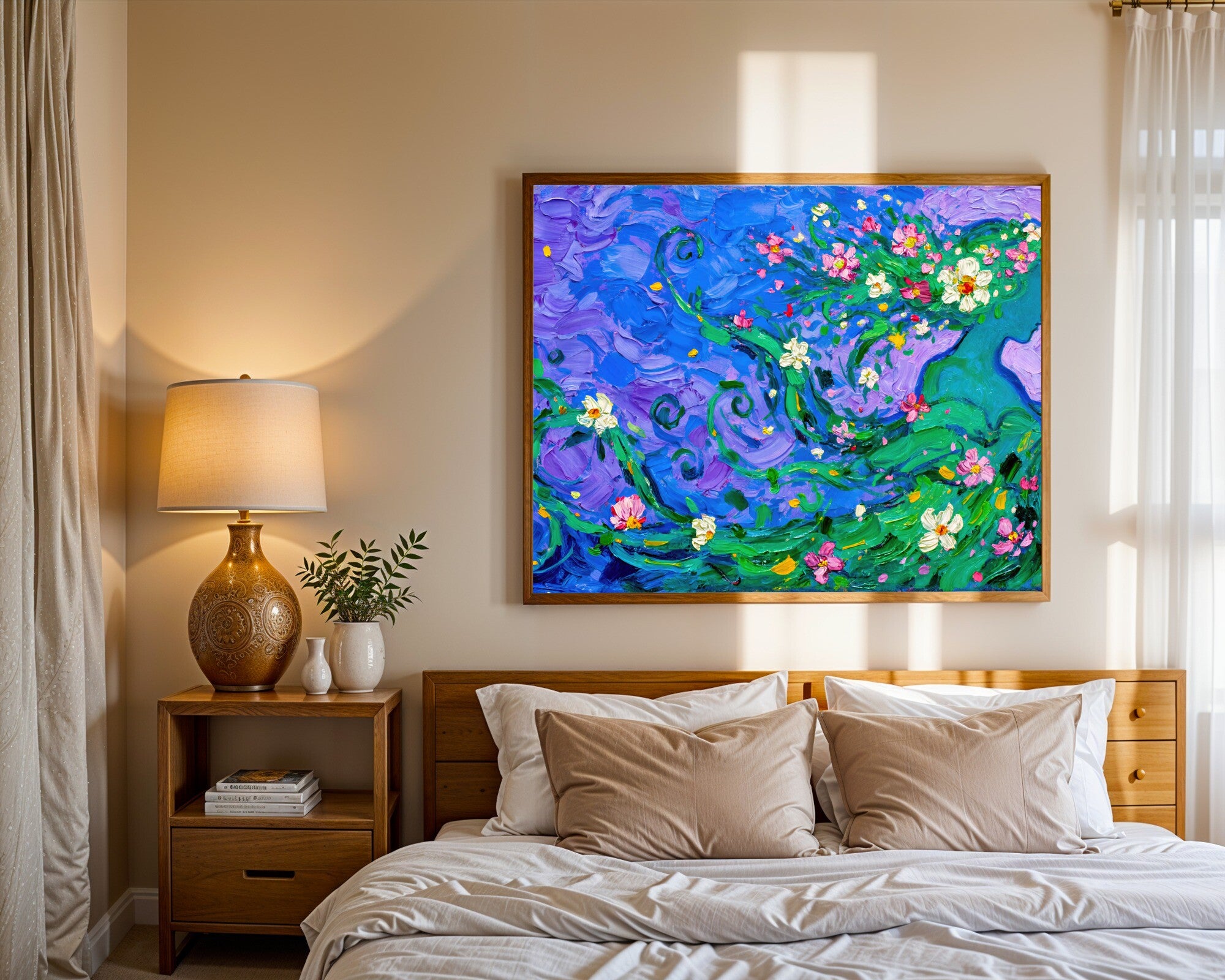 Flora and Form Wall Art Print, Jewel Tone Impasto Floral Silhouette in Sapphire, Emerald & Amethyst — room-l-bedroom-wood