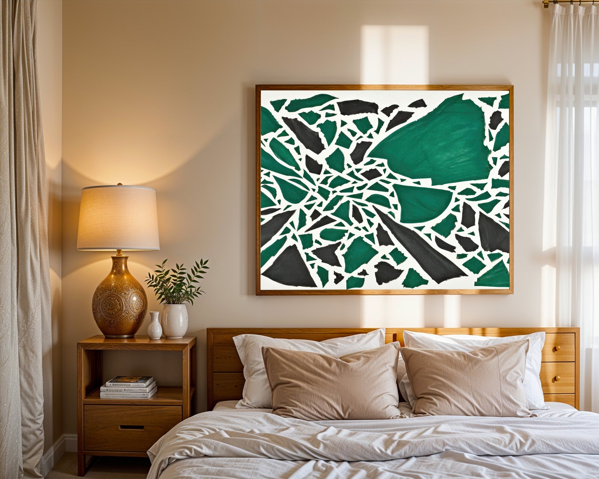 Sudden Reversal, Emerald & Charcoal Abstract Art Print | Bold Geometric Wall Art — room-l-bedroom-wood