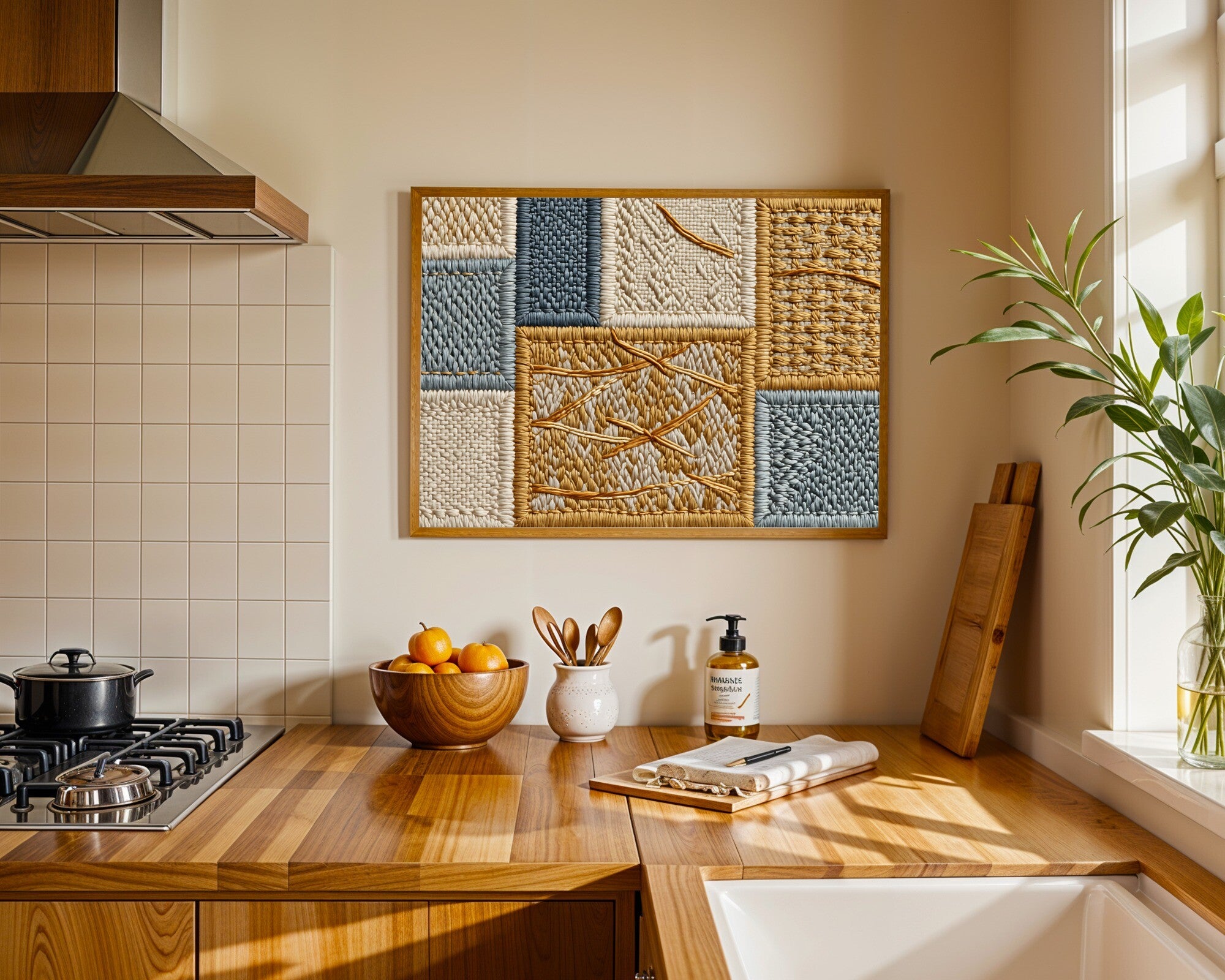 Embroidered Textile Grid Wall Art, Ochre, Slate & Raw Linen | Abstract Art Print — room-l-kitchen-wood