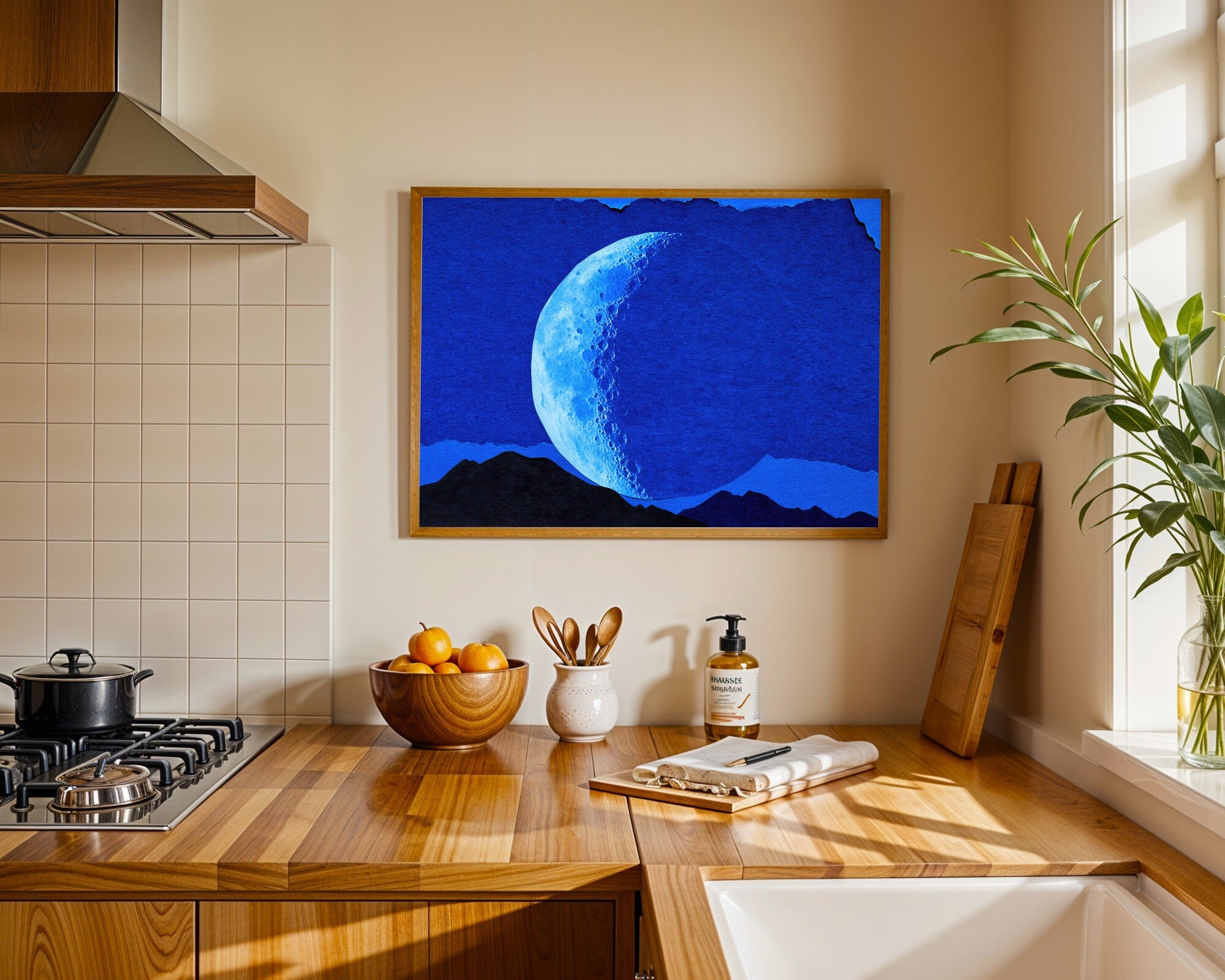 Crescent Moon Over Mountains Wall Art Print, Nocturne Blue Torn Paper Collage — room-l-kitchen-wood